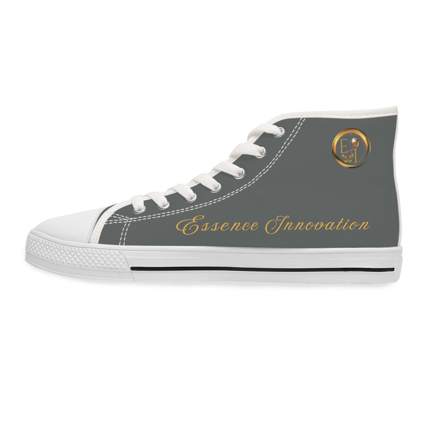 Gray high-top sneaker with 'Essence Innovation' text on a white background