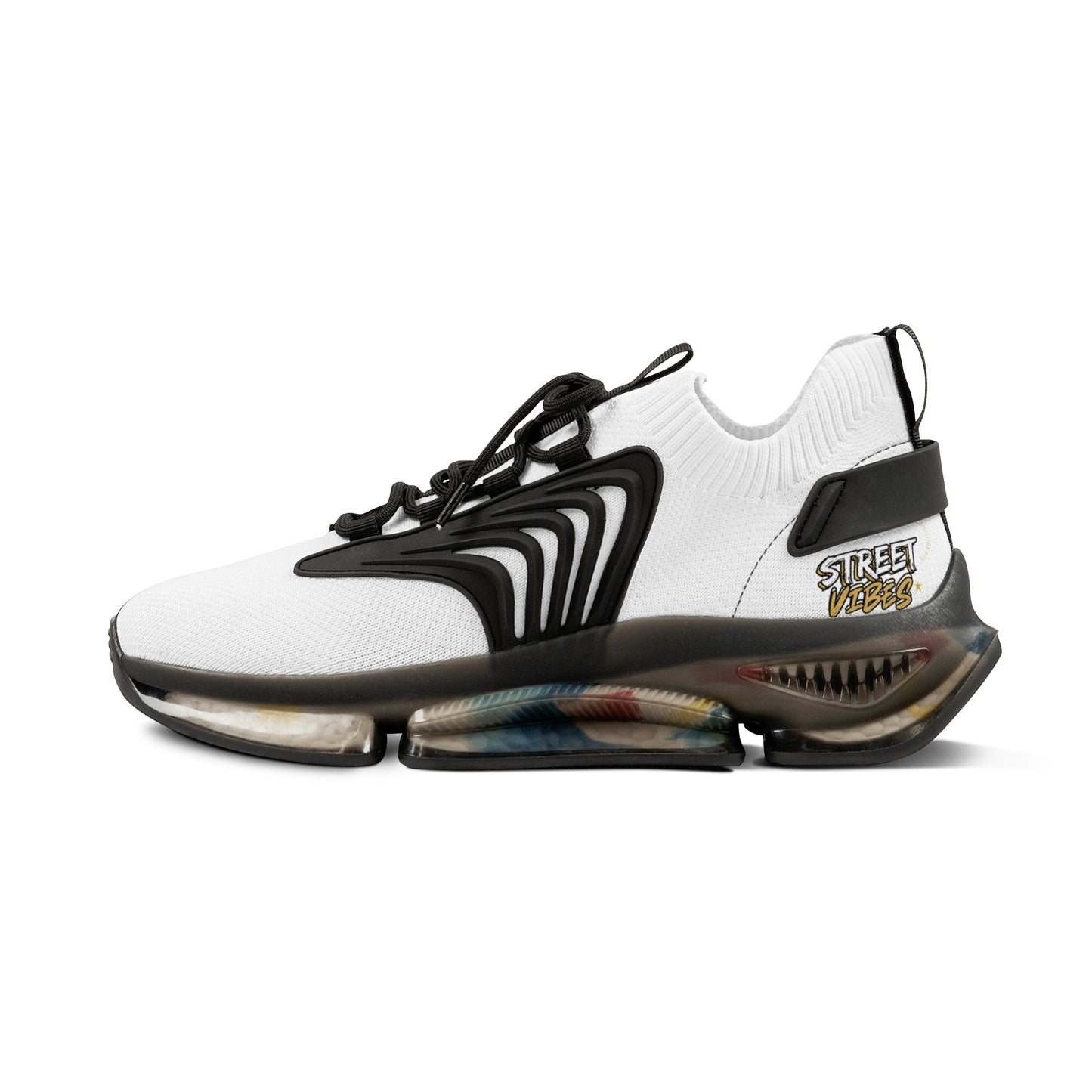 White and black Essence Innovation 'Street Vibes' sneaker with colorful sole on a white background