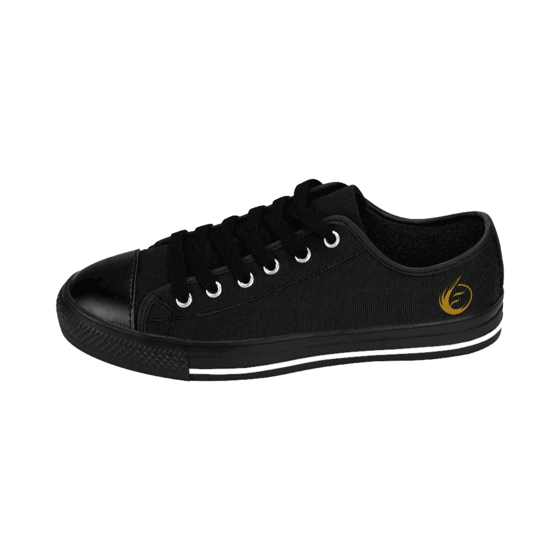 Black sneaker with a yellow EssenceInnoCreate logo on a white background