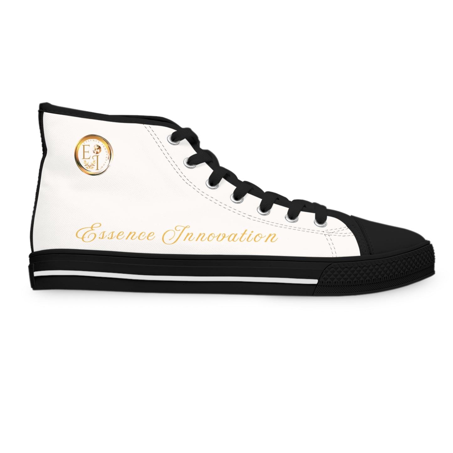 White high-top 'Essence Innovation' sneaker with black laces and sole on a white background
