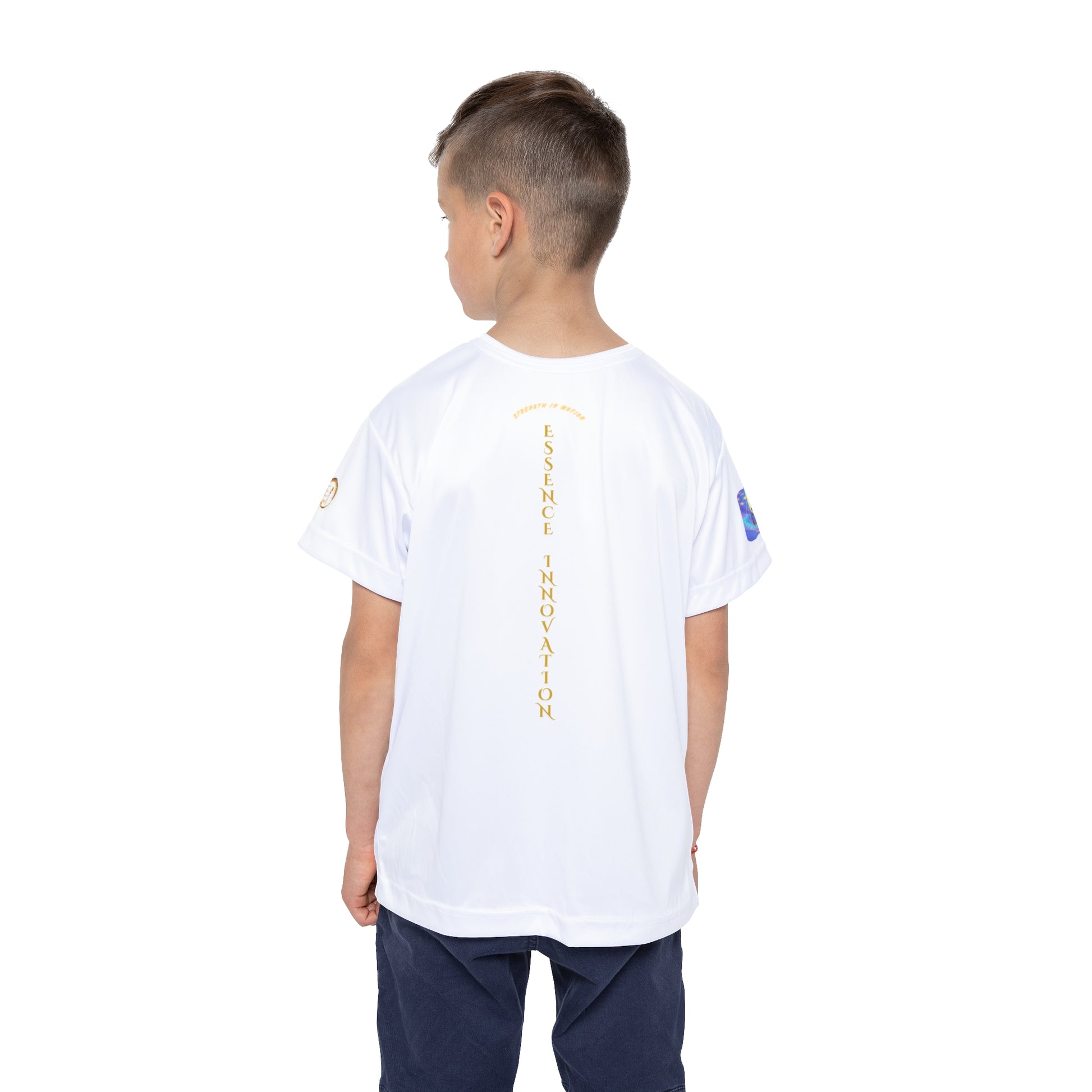 Child wearing a white t-shirt with a design on the back against a white background