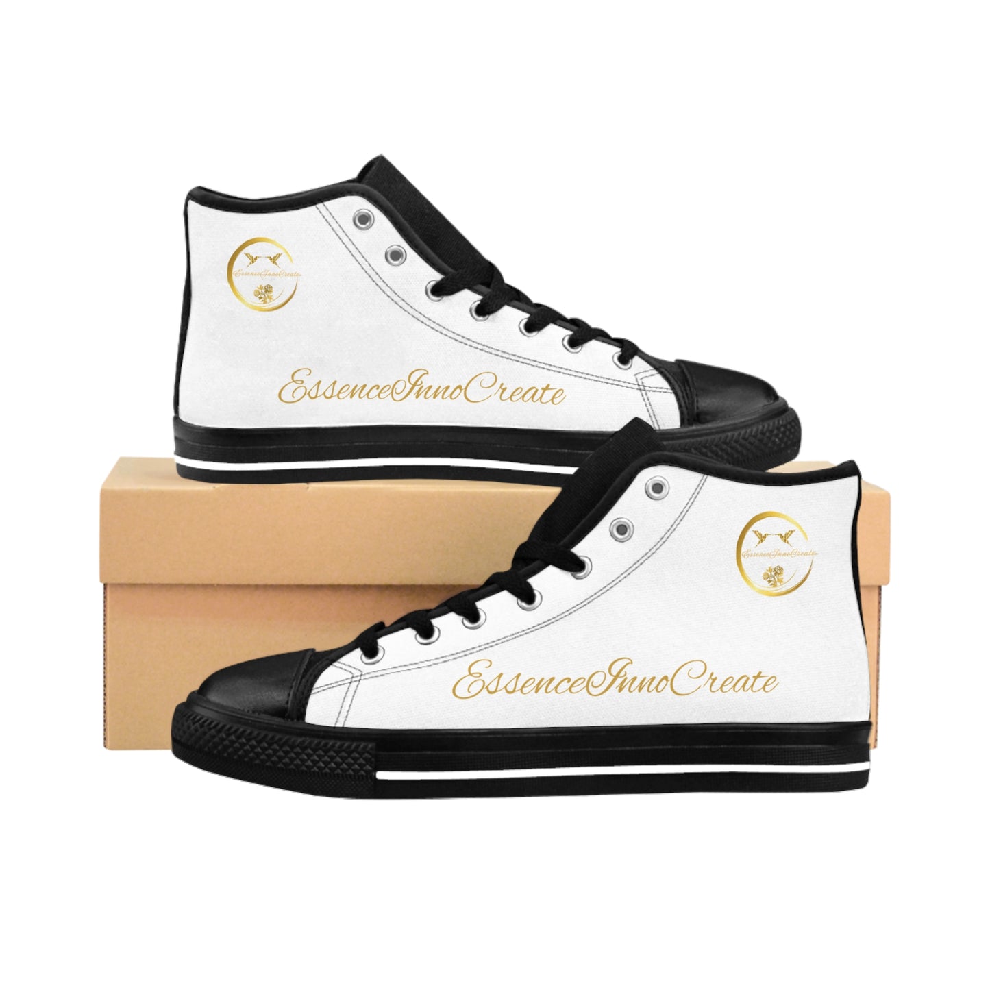 White high-top 'EssenceInnoCreate' sneakers with black soles on a white background