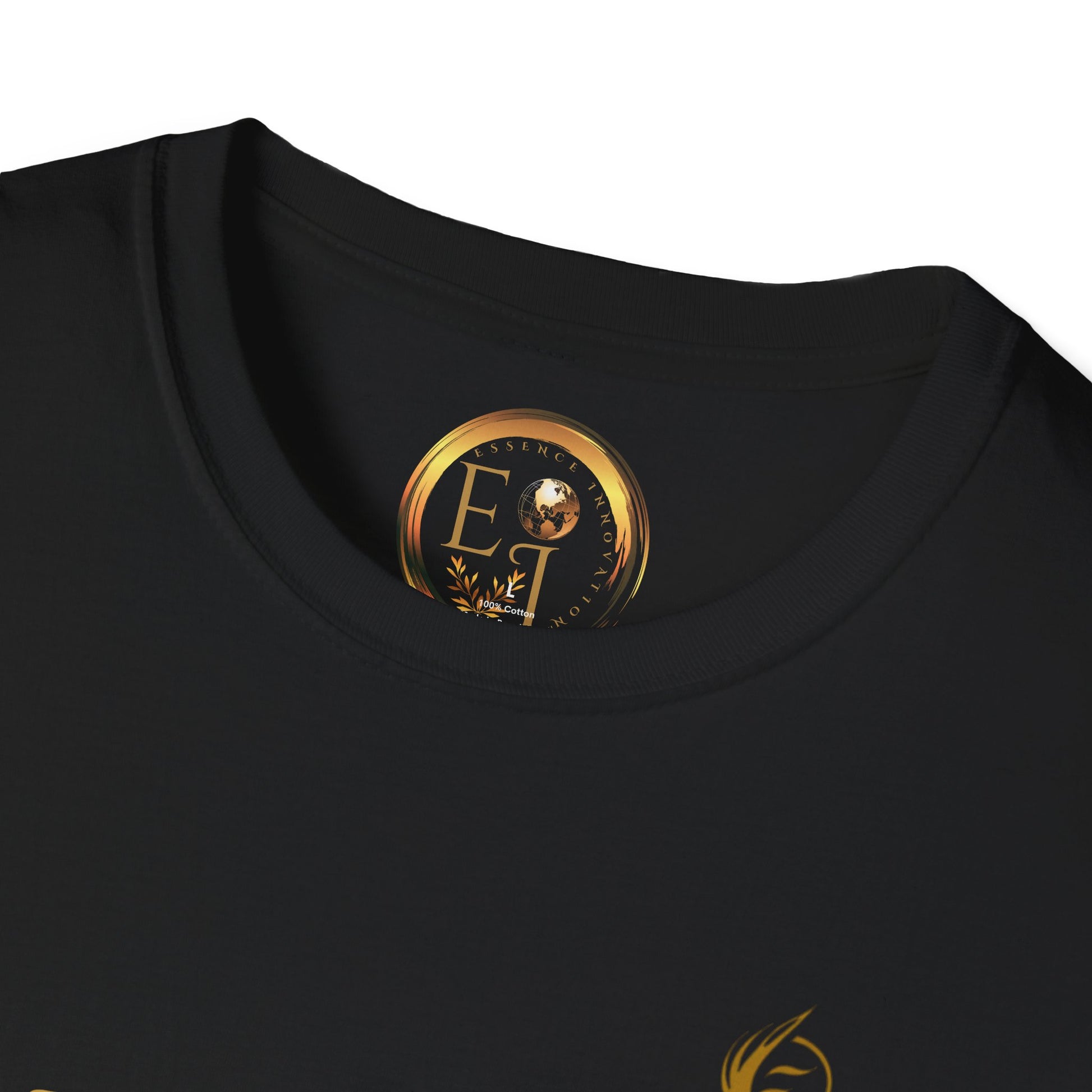 Black EssenceInnoCreate Quiet Resolve t-shirt with a gold logo on the collar and sleeve.