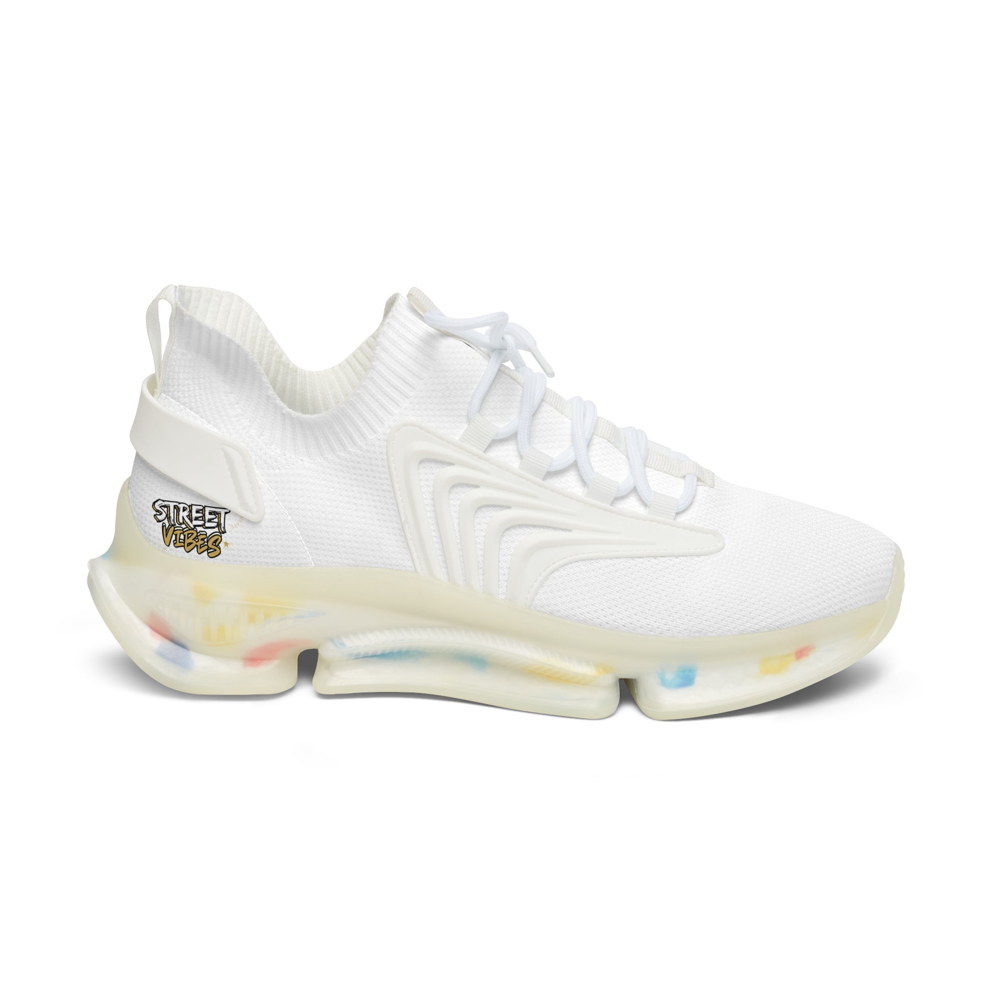 White Essence Innovation 'Street Vibes' sneaker with colorful sole on a white background