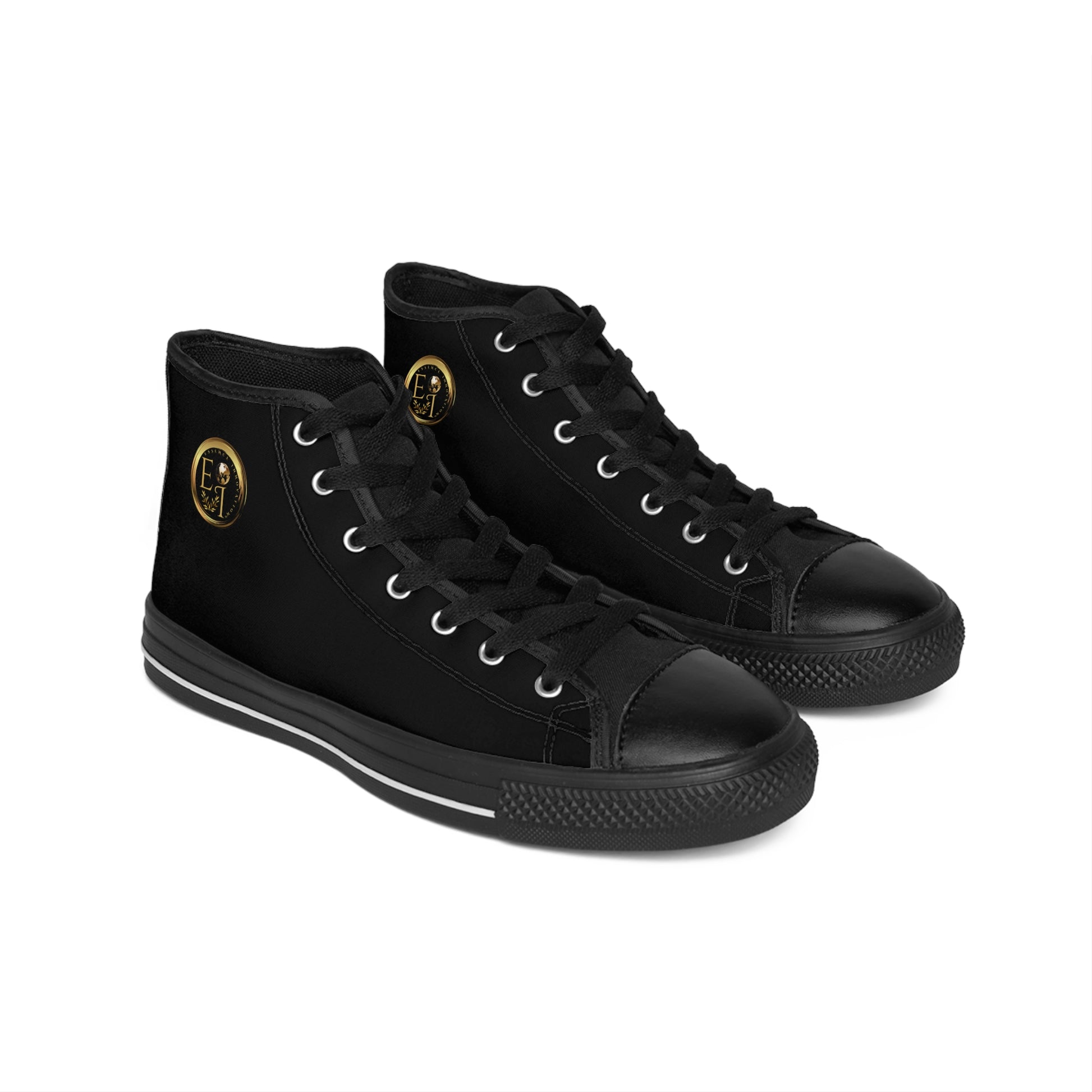 Black high-top 'Essence Innovation' sneakers with gold accents on a white background
