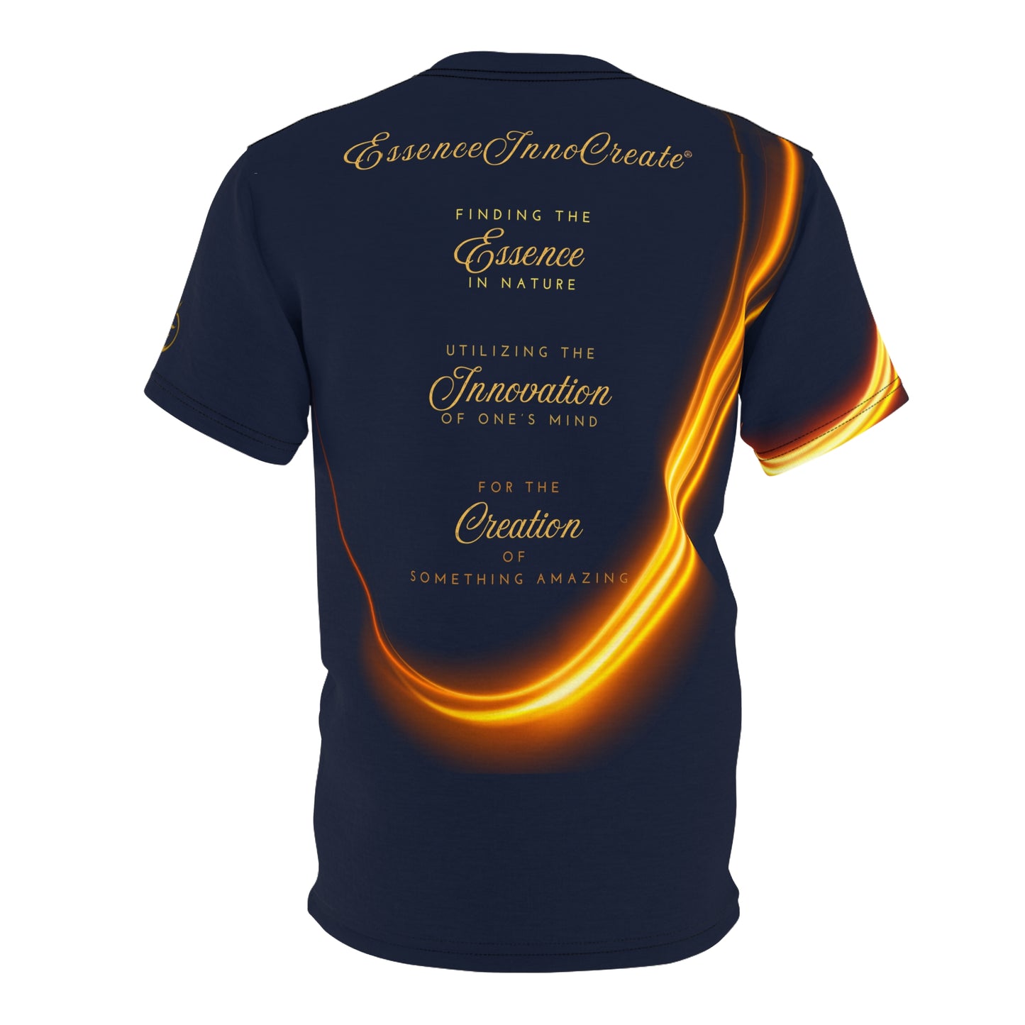 Navy blue t-shirt with gold and orange design and text on a white background