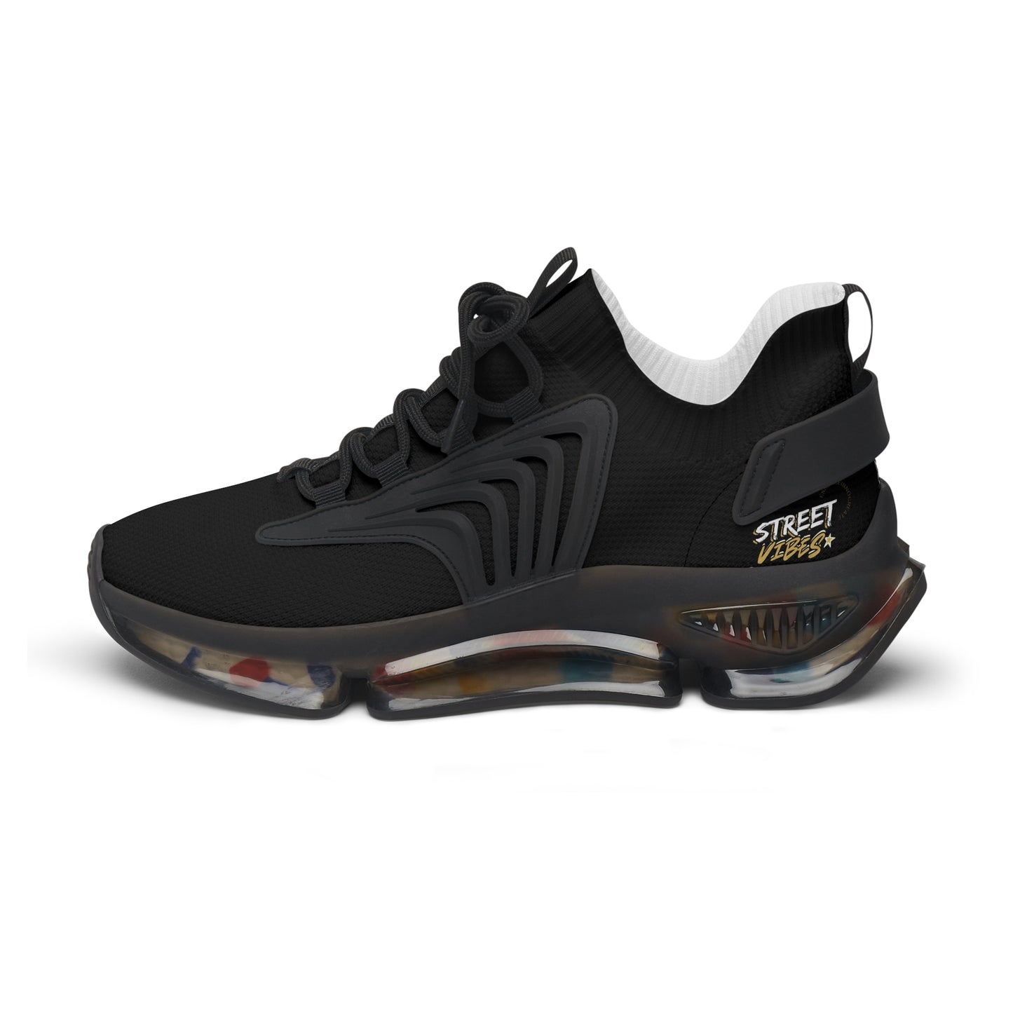 Black Essence Innovation 'Street Vibes' sneaker with transparent sole on a white background