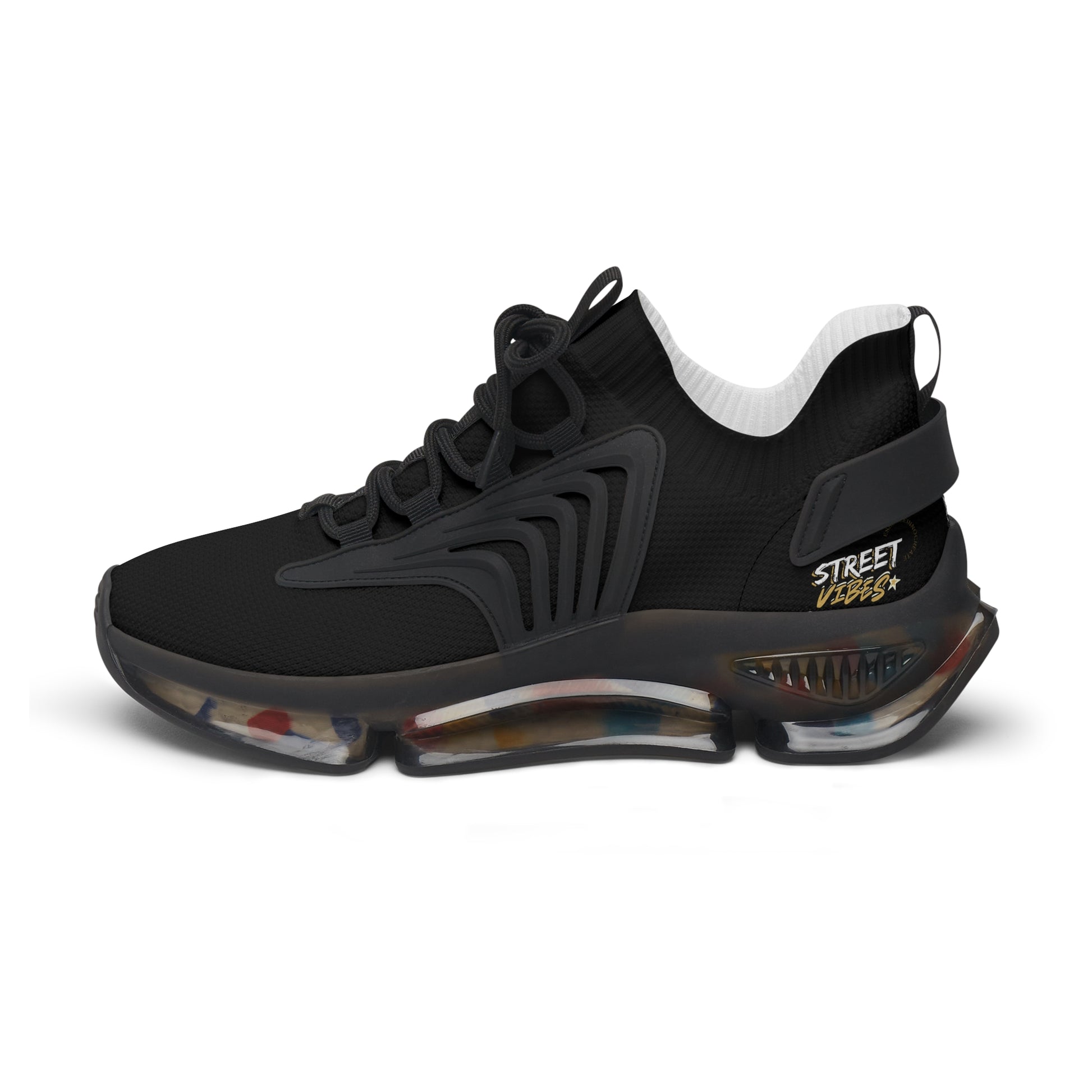 Black Essence Innovation 'Street Vibes' sneaker with transparent sole on a white background