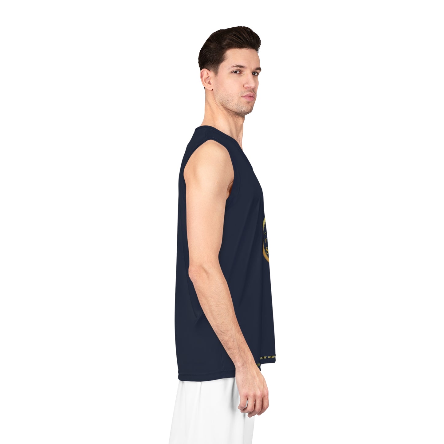 Man wearing a navy sleeveless shirt with a logo on a white background