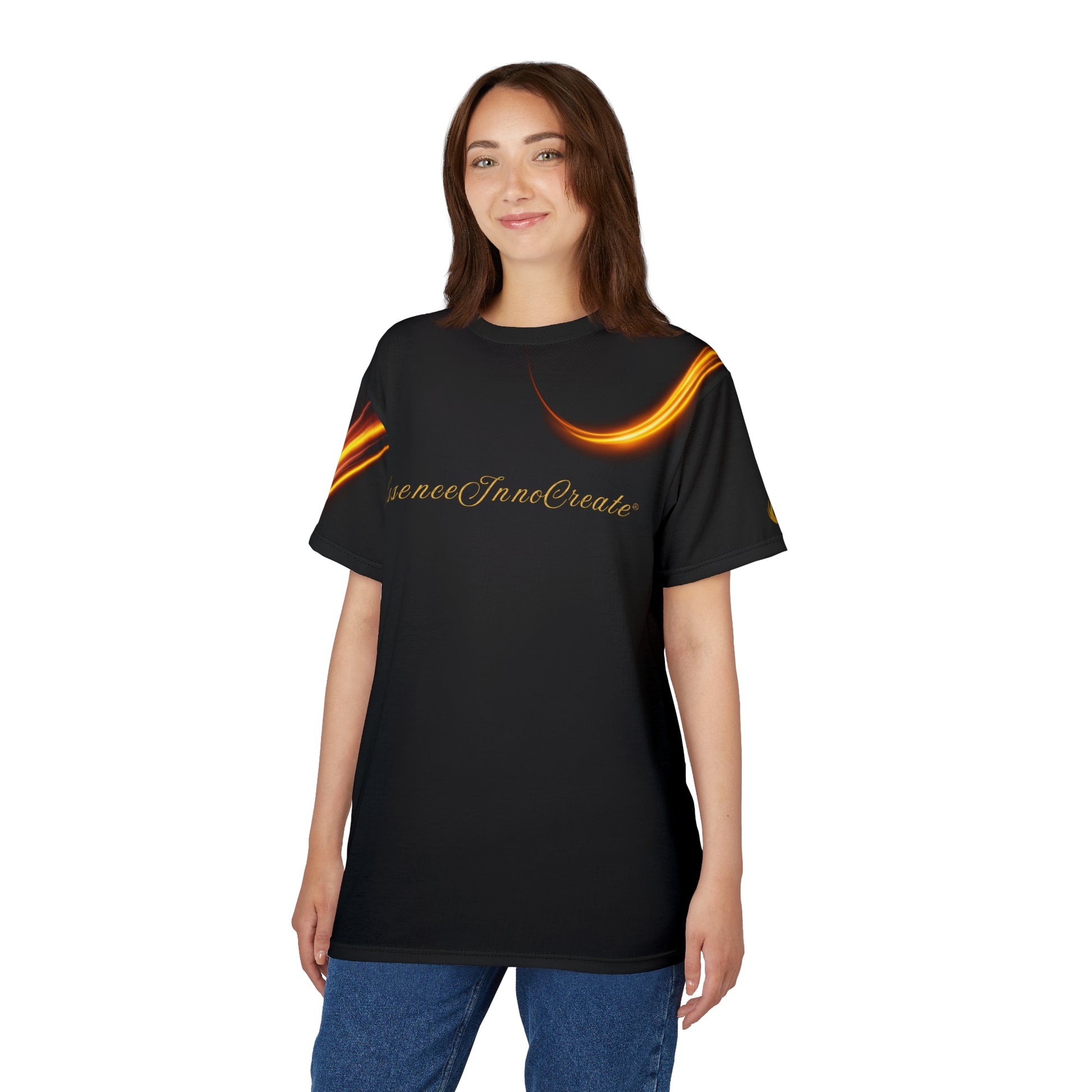 Woman wearing a black 'EssenceInnoCreate' t-shirt with a design and text on a white background