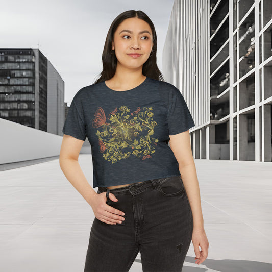 Bohemian Butterfly Floral Crop Tee | Gold Botanical Graphic Top | Black, White and Denim