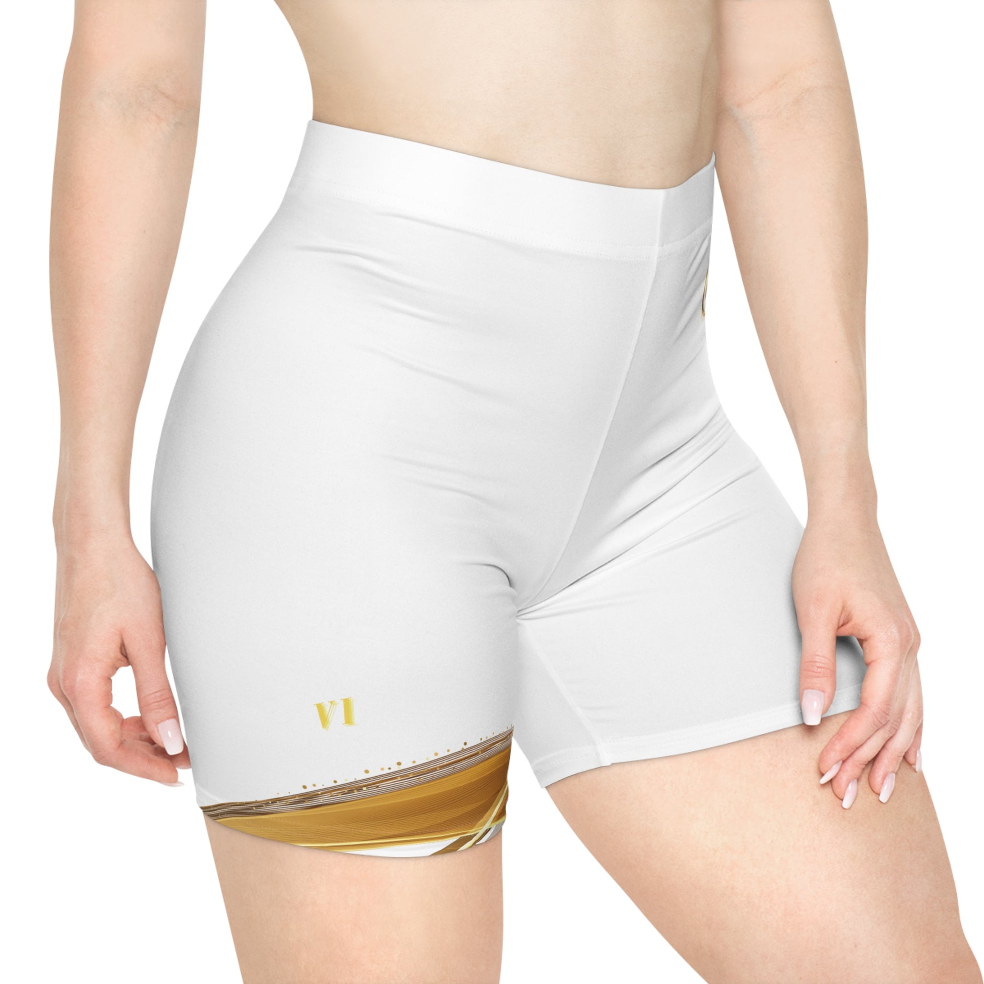 White athletic shorts with a gold accent on a white background
