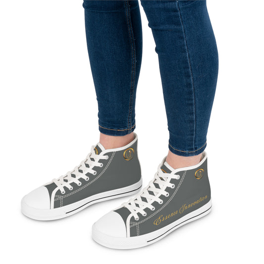 Gray high-top 'Essence Innovation' sneakers with white laces and text, worn with blue jeans on a white background.