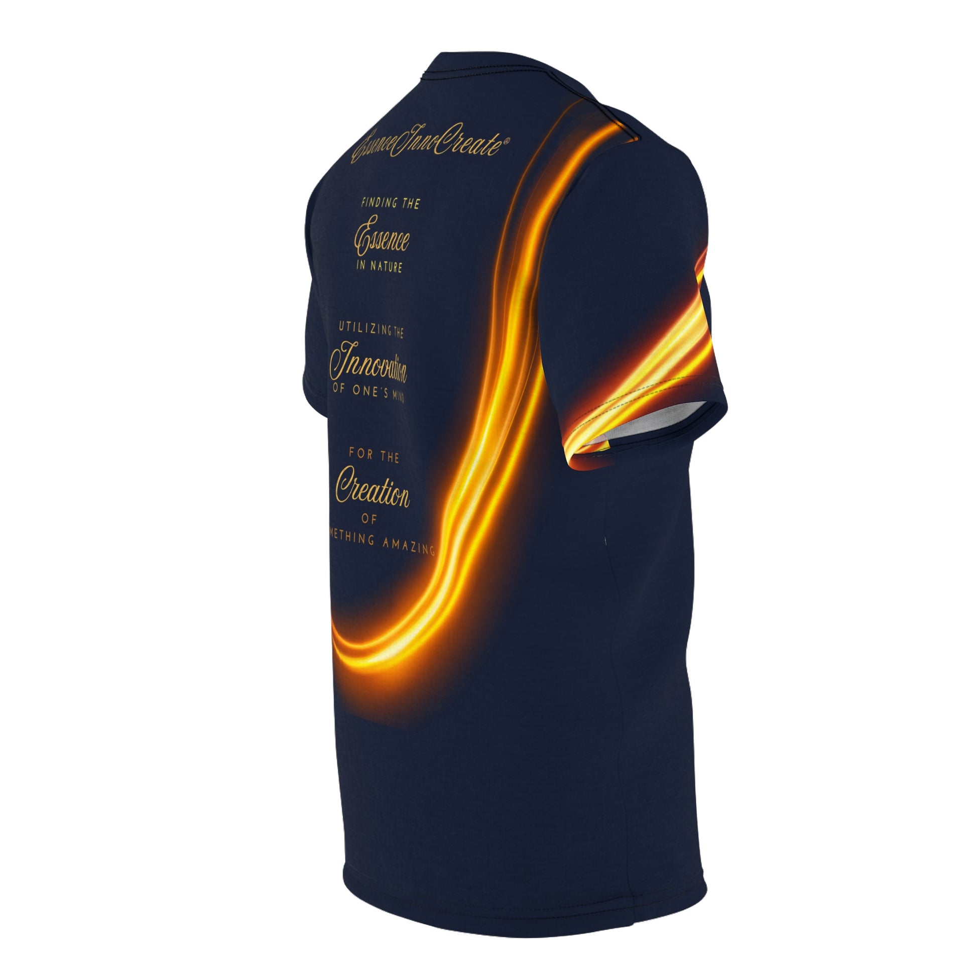 Navy blue t-shirt with fiery design and text on a white background
