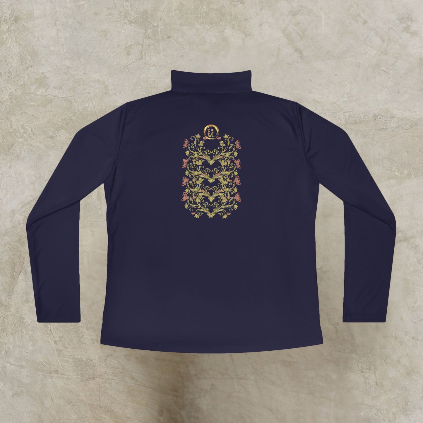 Navy long-sleeve shirt with a decorative Essence Innovation Bohemian Butterfly emblem on a beige background