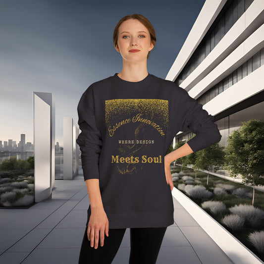 Woman wearing a black sweatshirt with gold Essence Innovation 'Design Meets Soul' text in an urban setting
