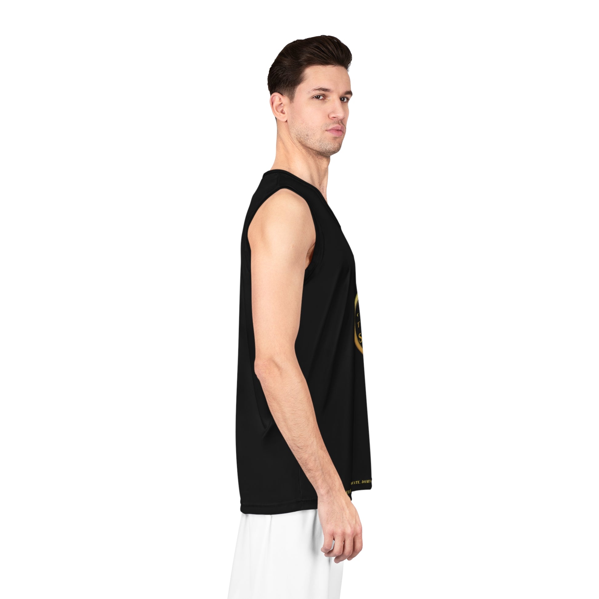 Man wearing a black sleeveless shirt with white geometric patterns on a white background