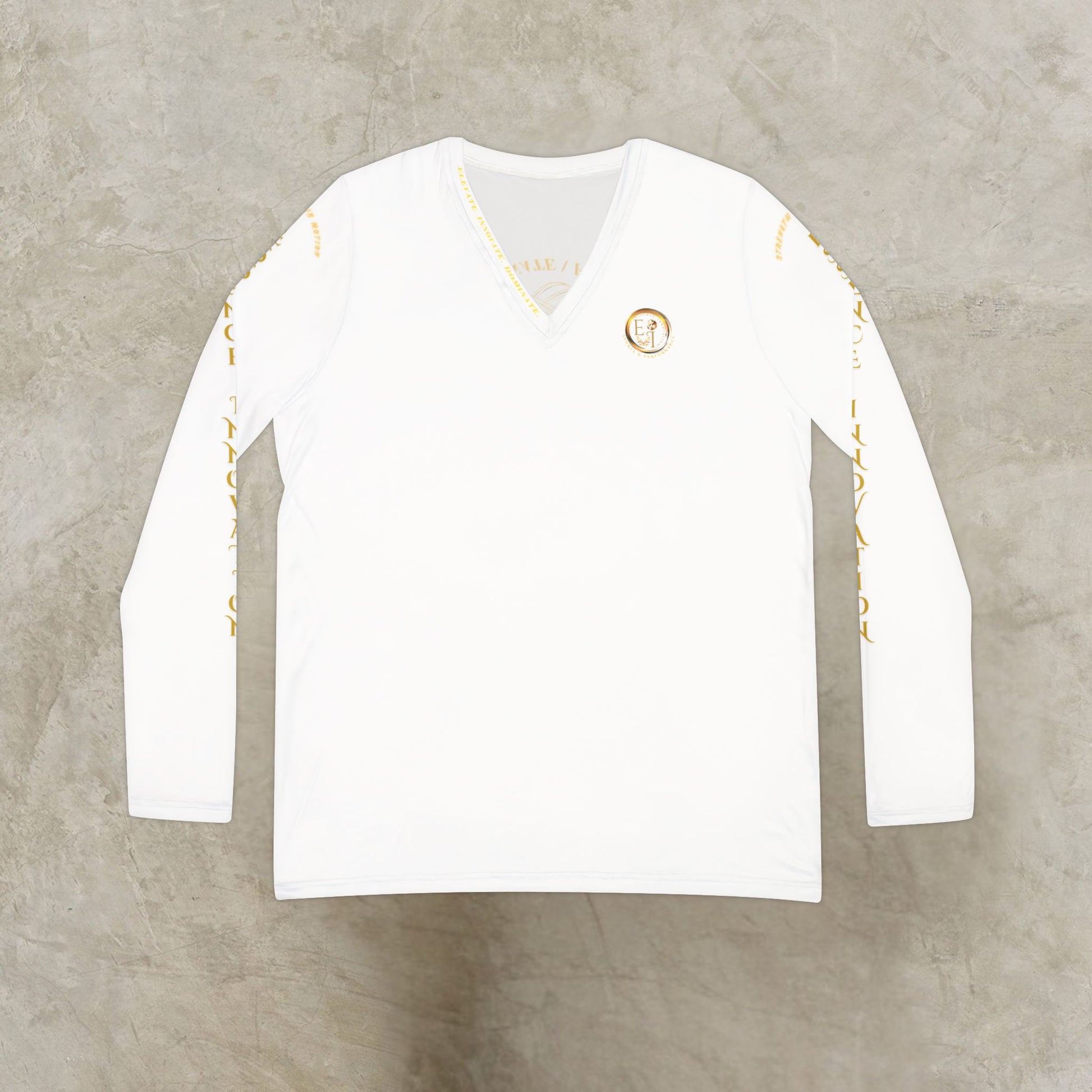 Essence Innovation Seek More White long-sleeve shirt with gold accents on a gray background