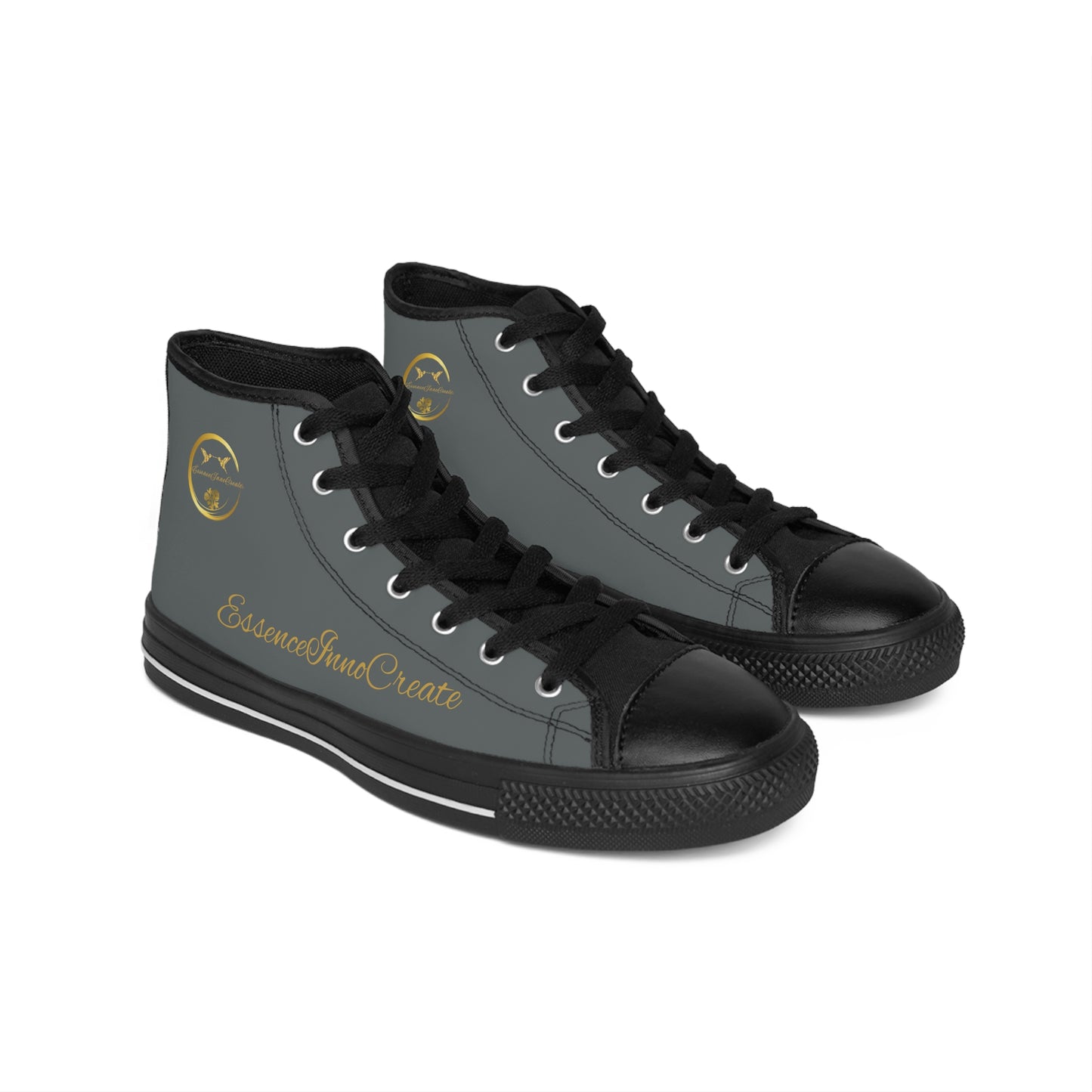 Black high-top 'EssenceInnoCreate' sneakers with colorful graphic design on a white background