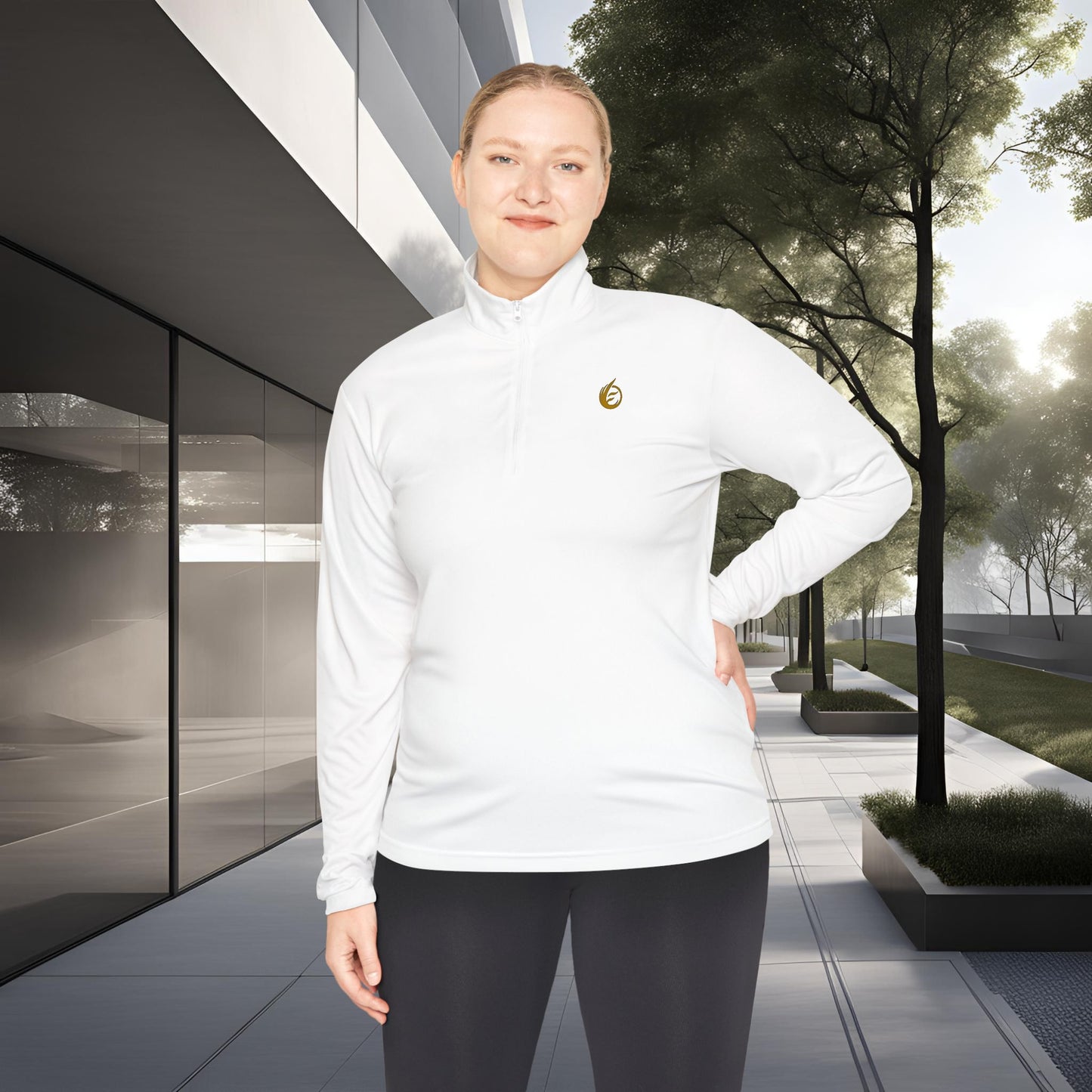 Woman wearing a white jacket with 'EssenceInnoCreate' logo in an urban setting