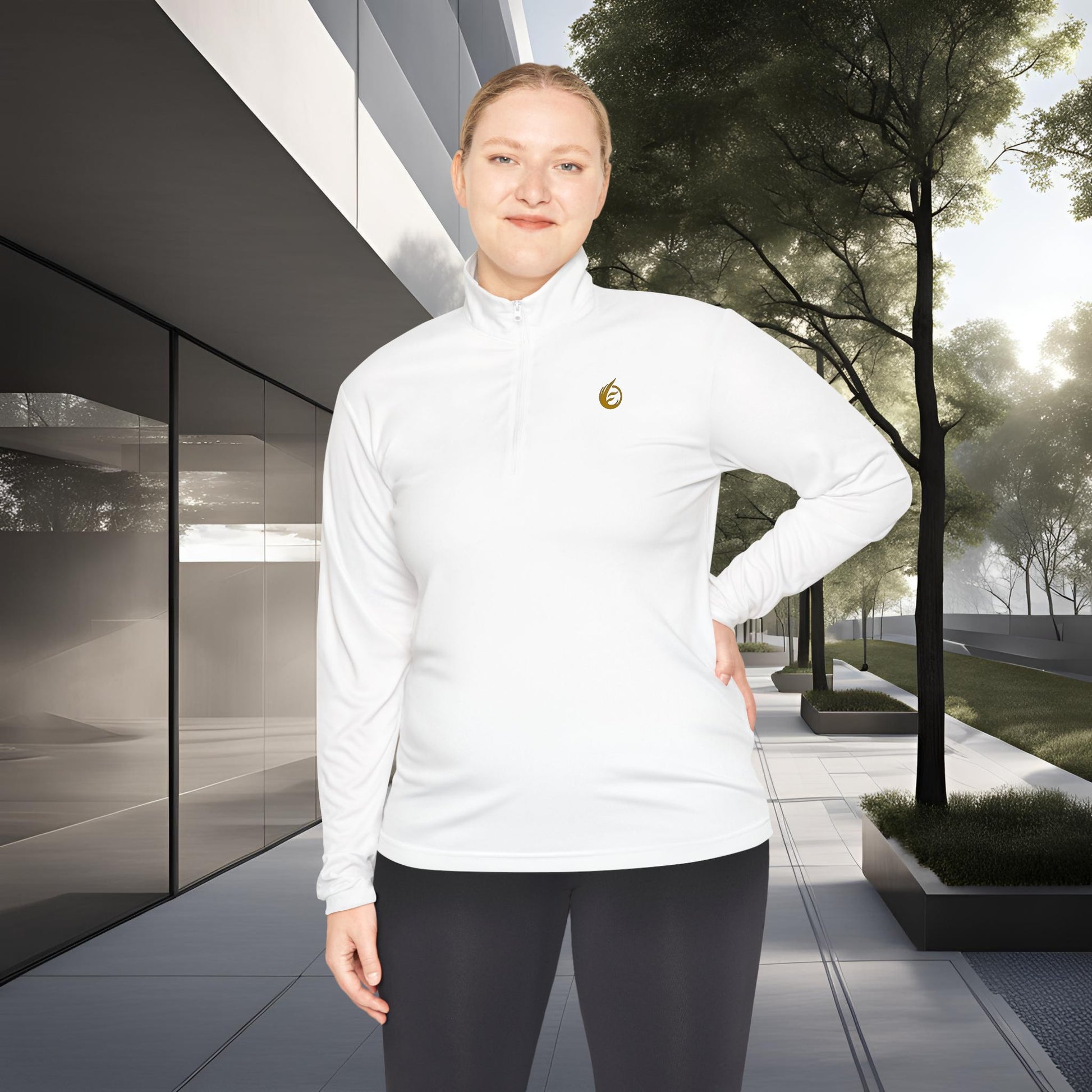 Woman wearing a white jacket with 'EssenceInnoCreate' logo in an urban setting