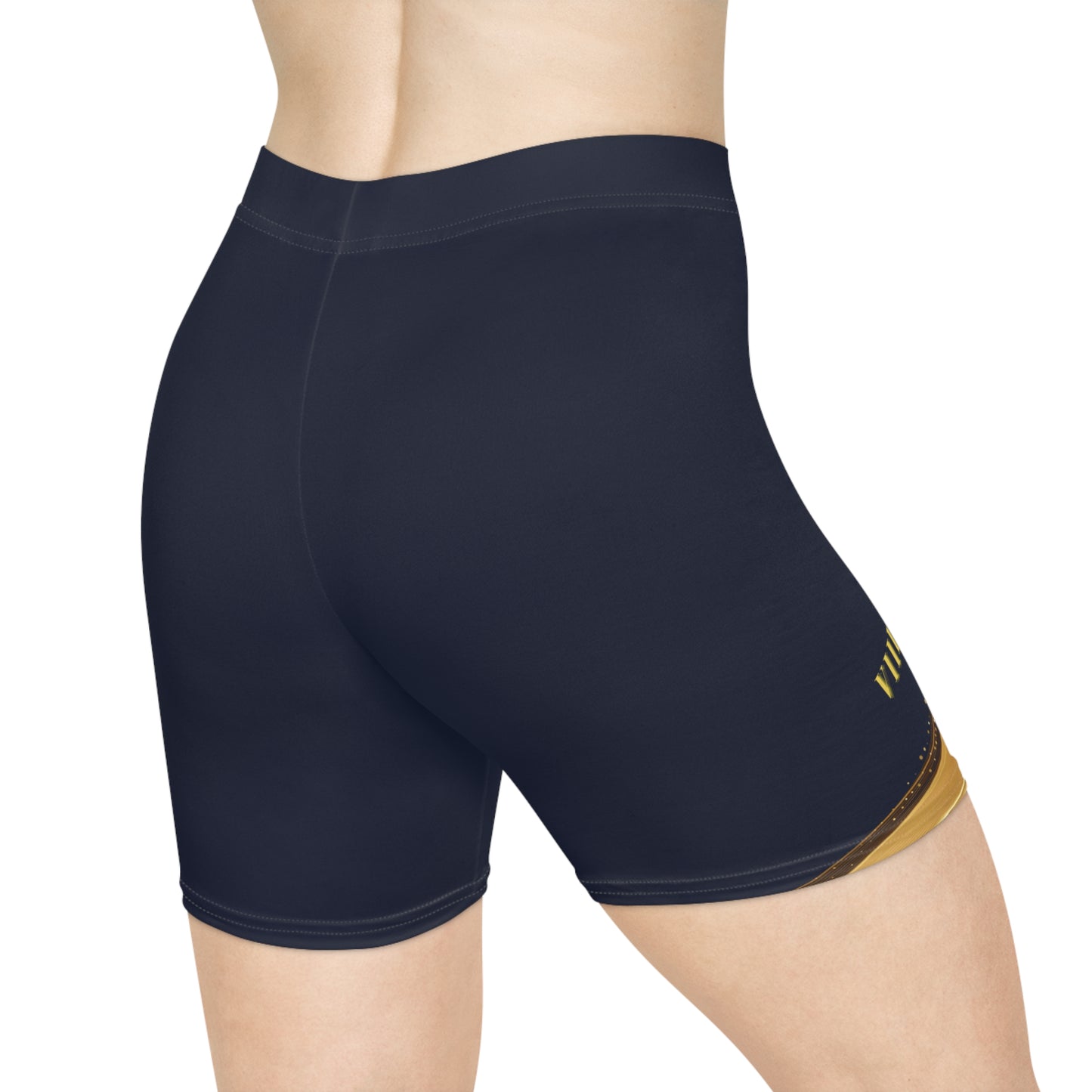 Navy athletic shorts with a small yellow logo on a white background