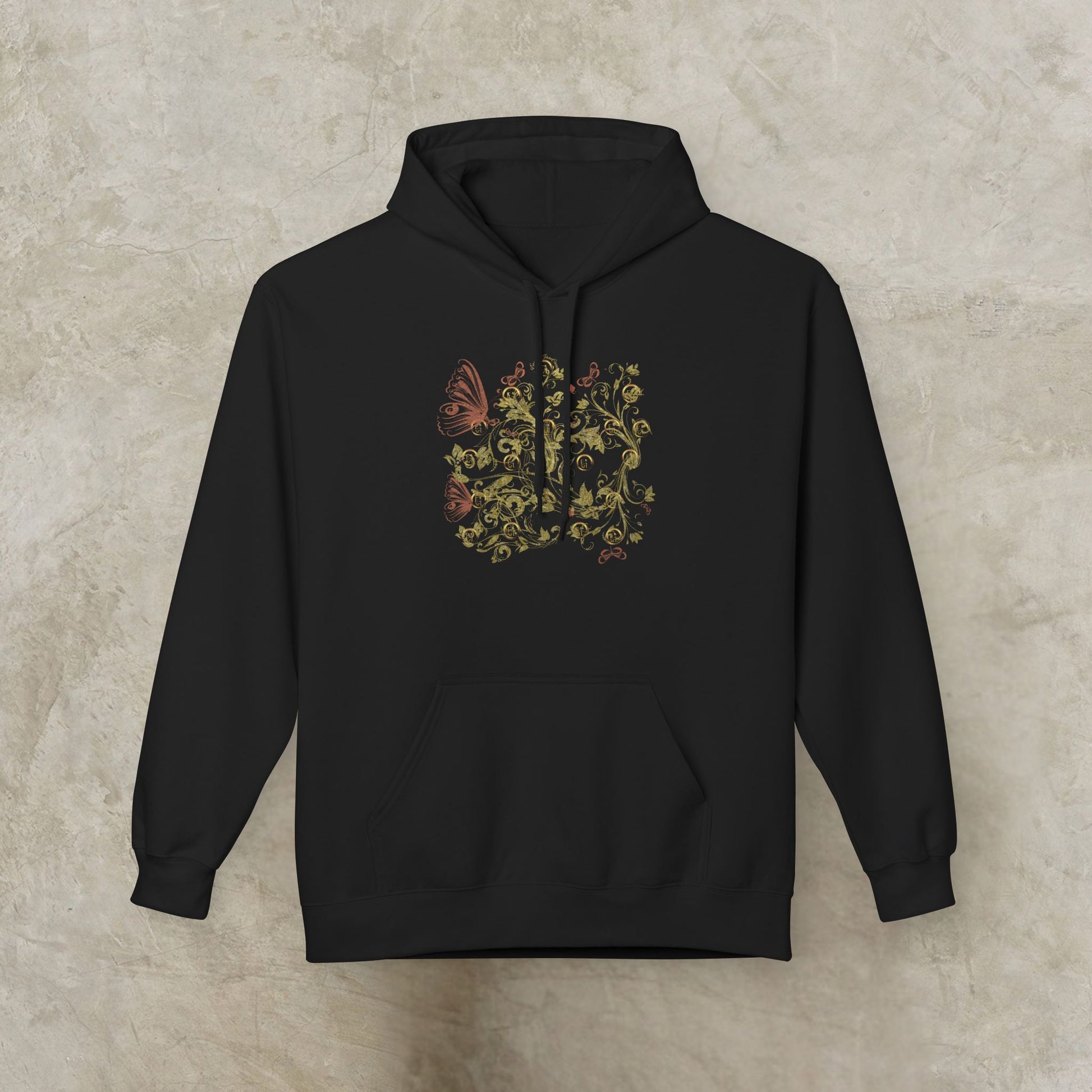 Black hoodie with floral Essence Innovation Bohemian Butterfly design on a beige background