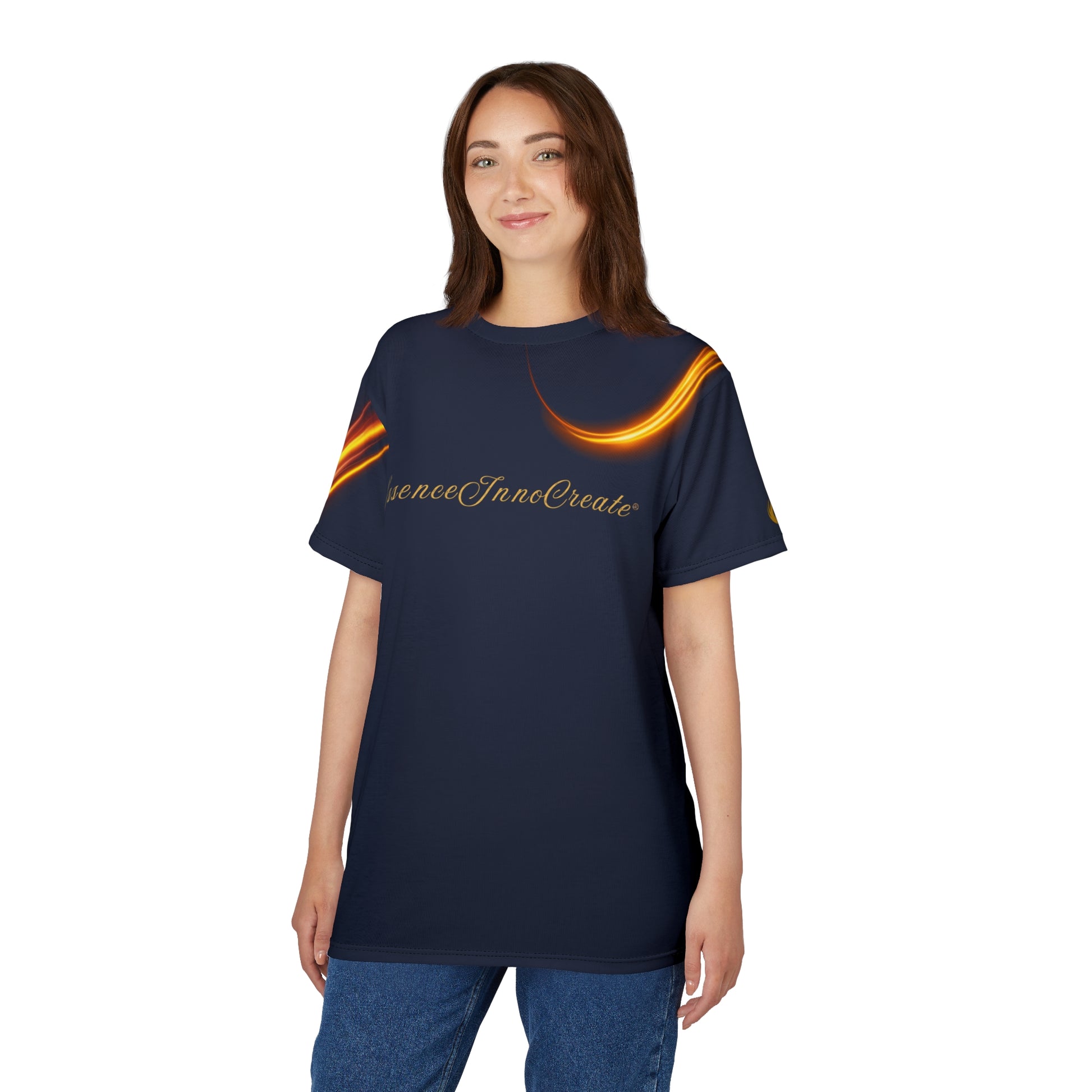 Woman wearing a navy blue t-shirt with a design and text on a white background