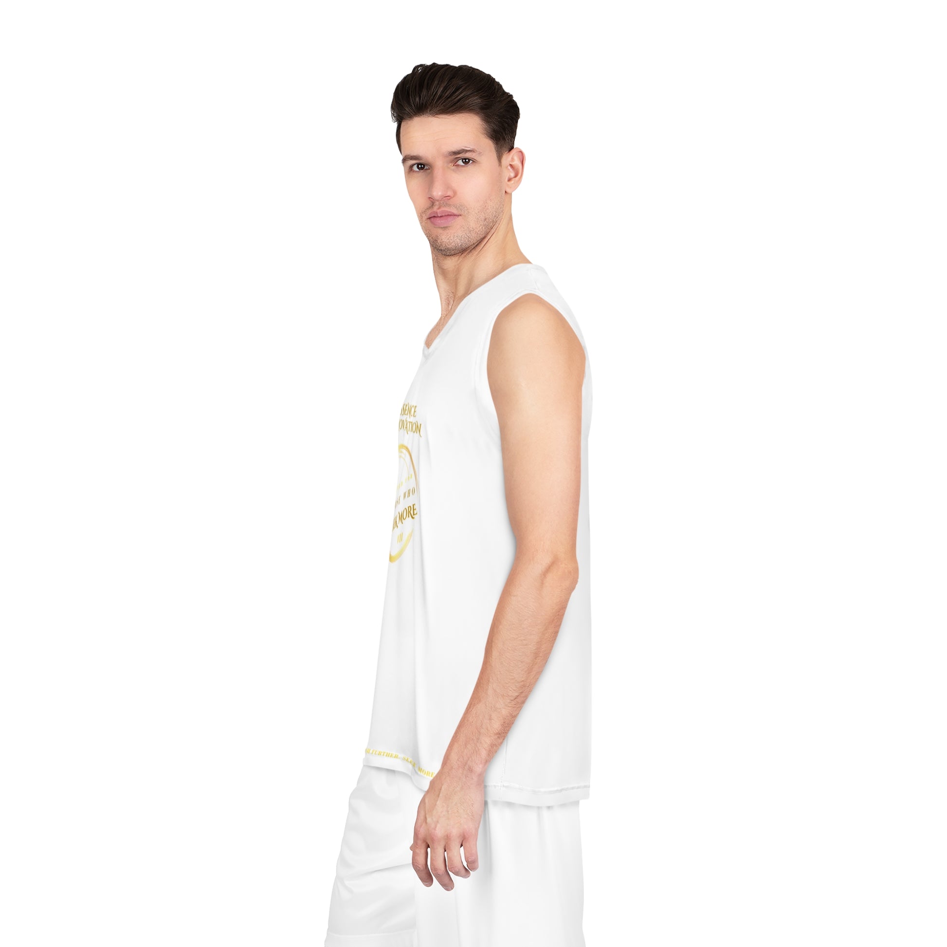 Man wearing a white sleeveless shirt and pants on a white background