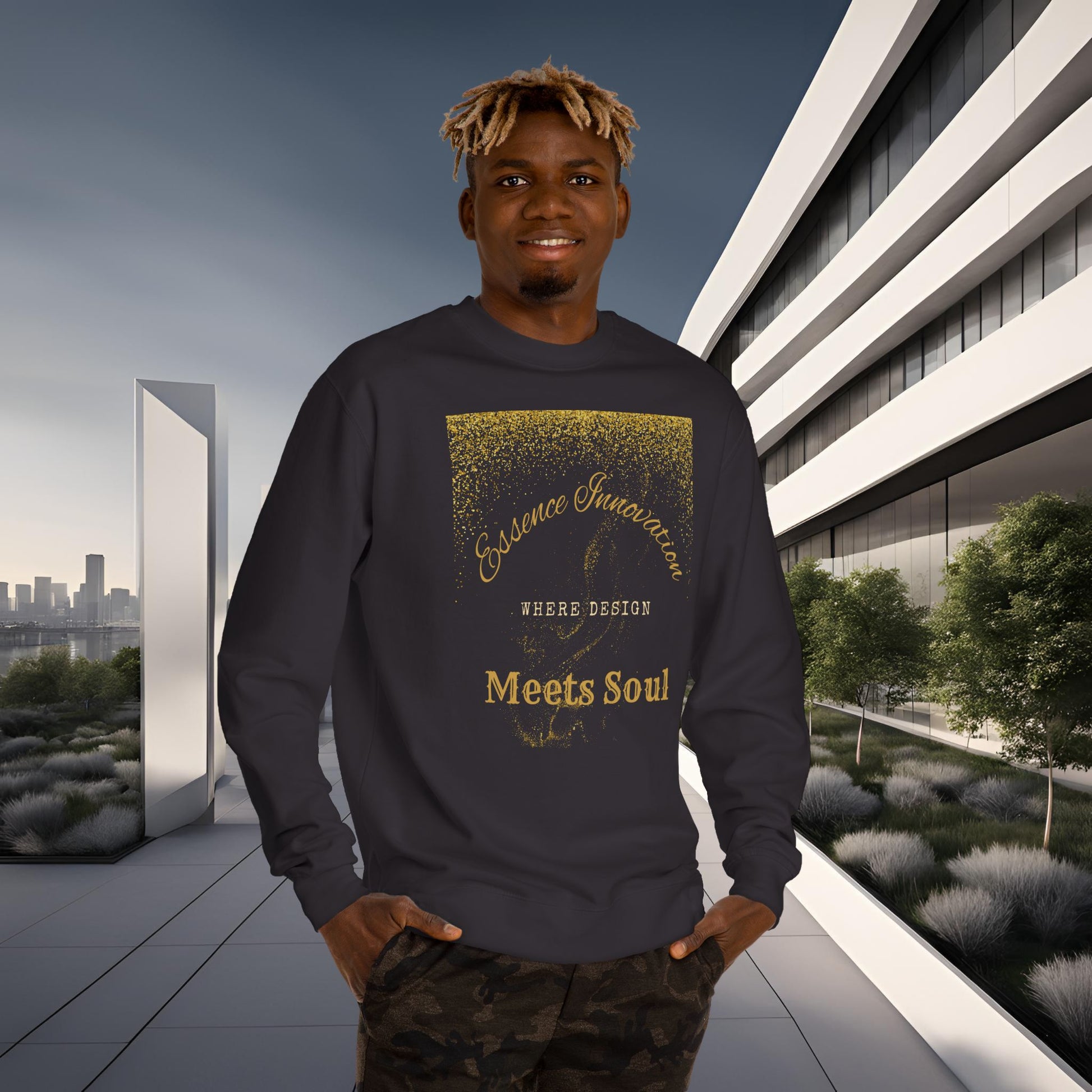Man wearing a black sweatshirt with gold Essence Innovation 'Design Meets Soul' text in an urban setting