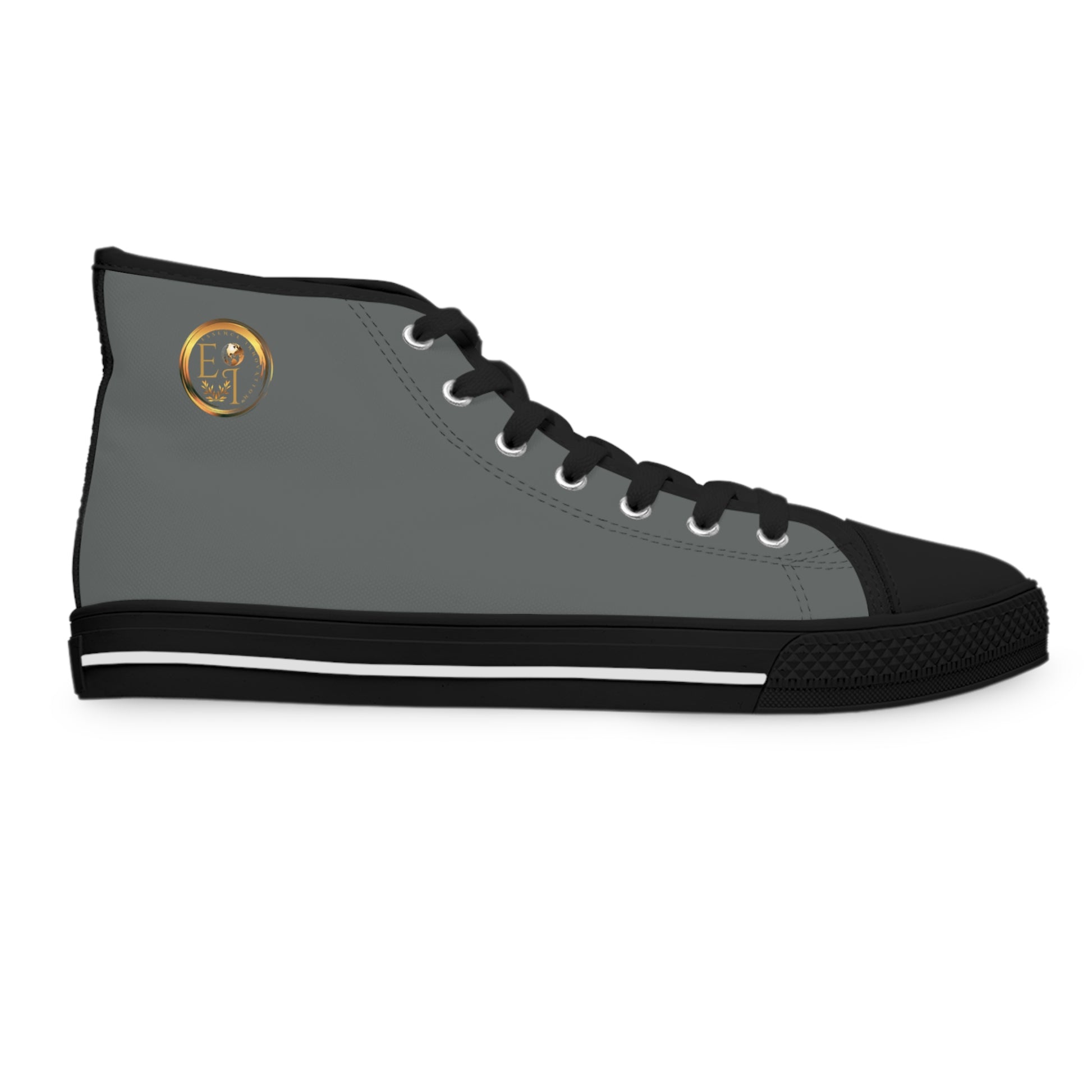 Black high-top 'Essence Innovation' sneaker with a pattern of a person in formal attire on a white background