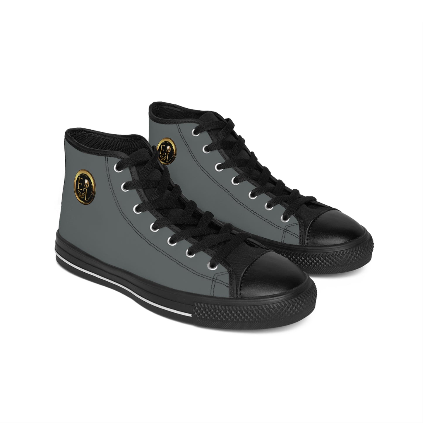 Grey and black high-top 'Essence Innovation' sneakers with colorful graphic design on a white background