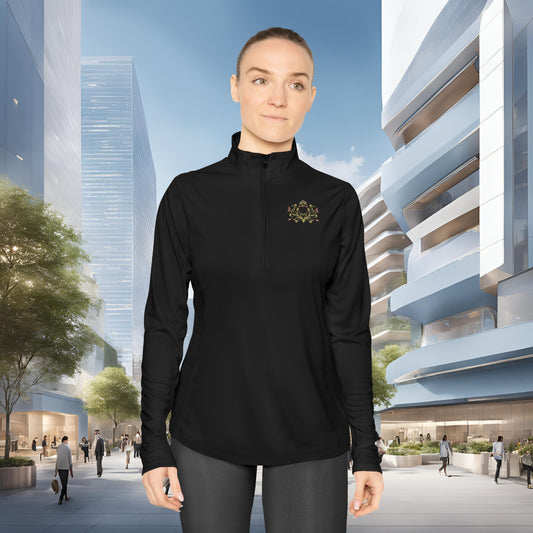 Person wearing a navy blue long-sleeve shirt with a Essence Innovation Bohemian Butterfly logo in an urban setting