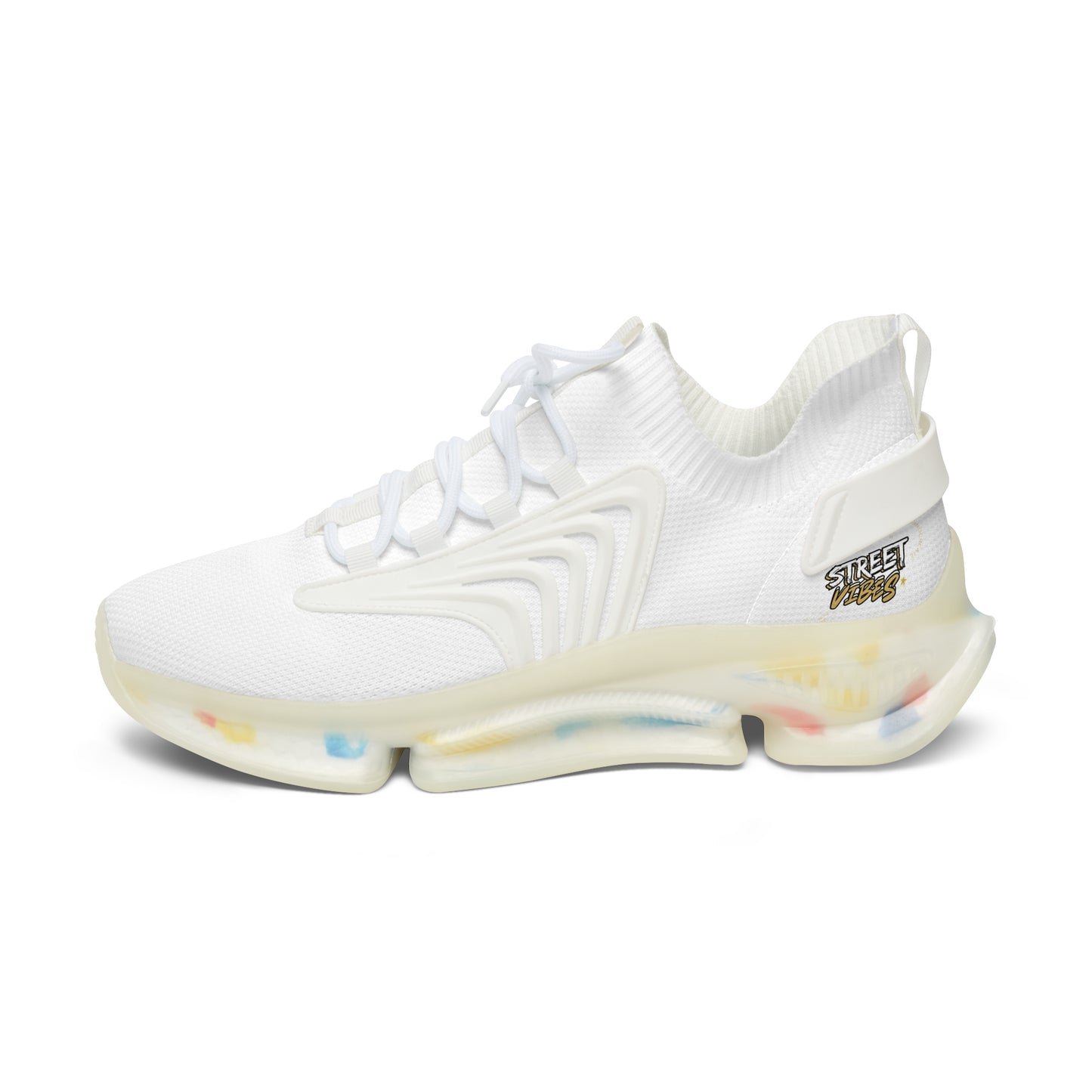 White Essence Innovation 'Street Vibes' sneaker with colorful sole on a white background