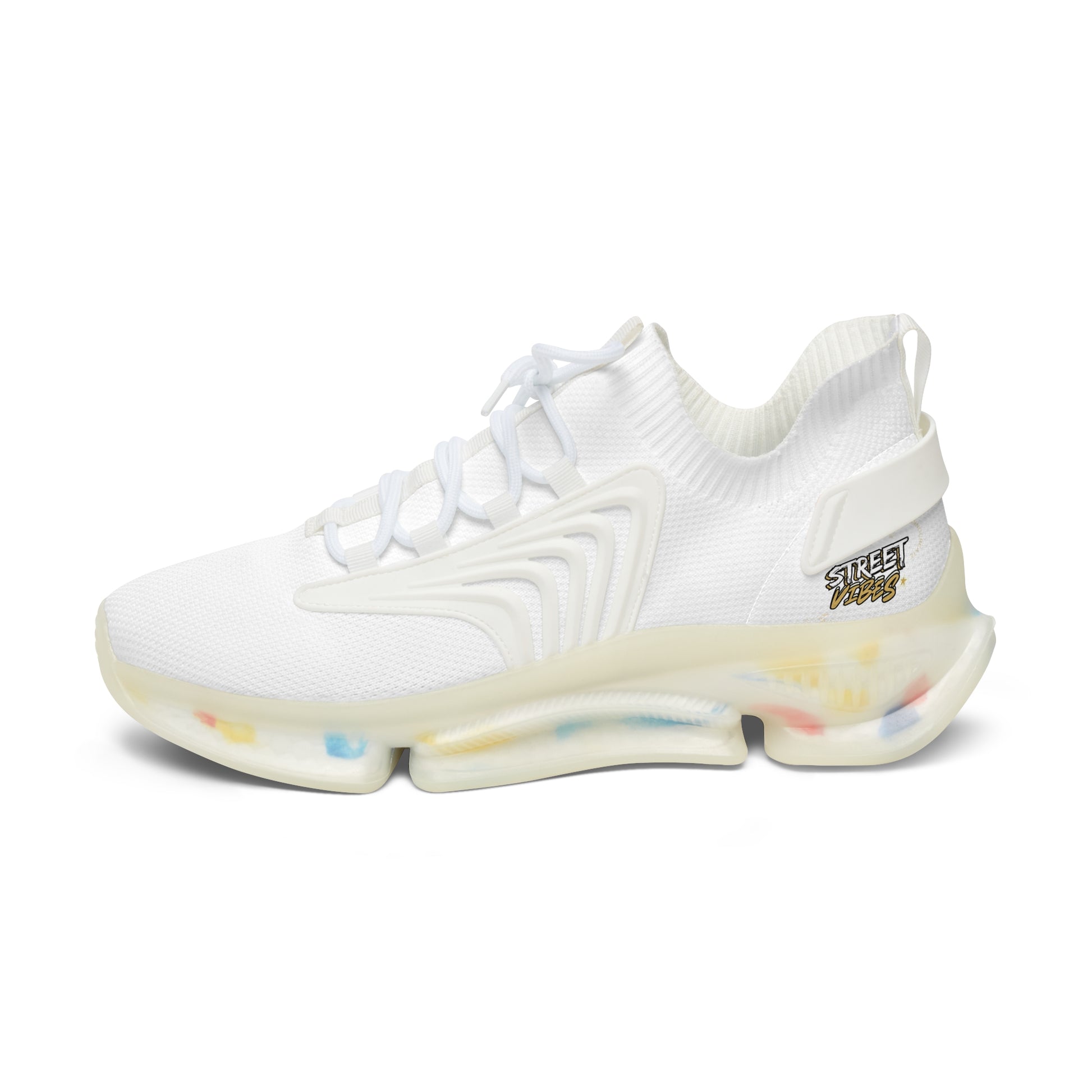 White Essence Innovation 'Street Vibes' sneaker with colorful sole on a white background