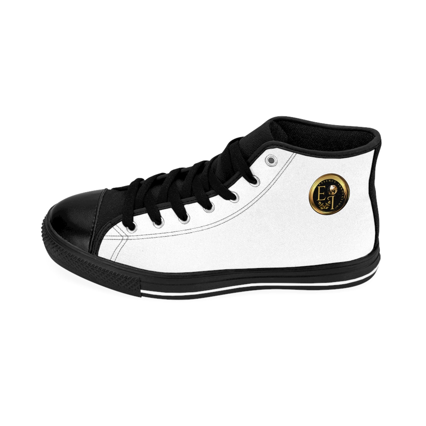 White high-top 'Essence Innovation' sneaker with black accents and a gold logo on a white background