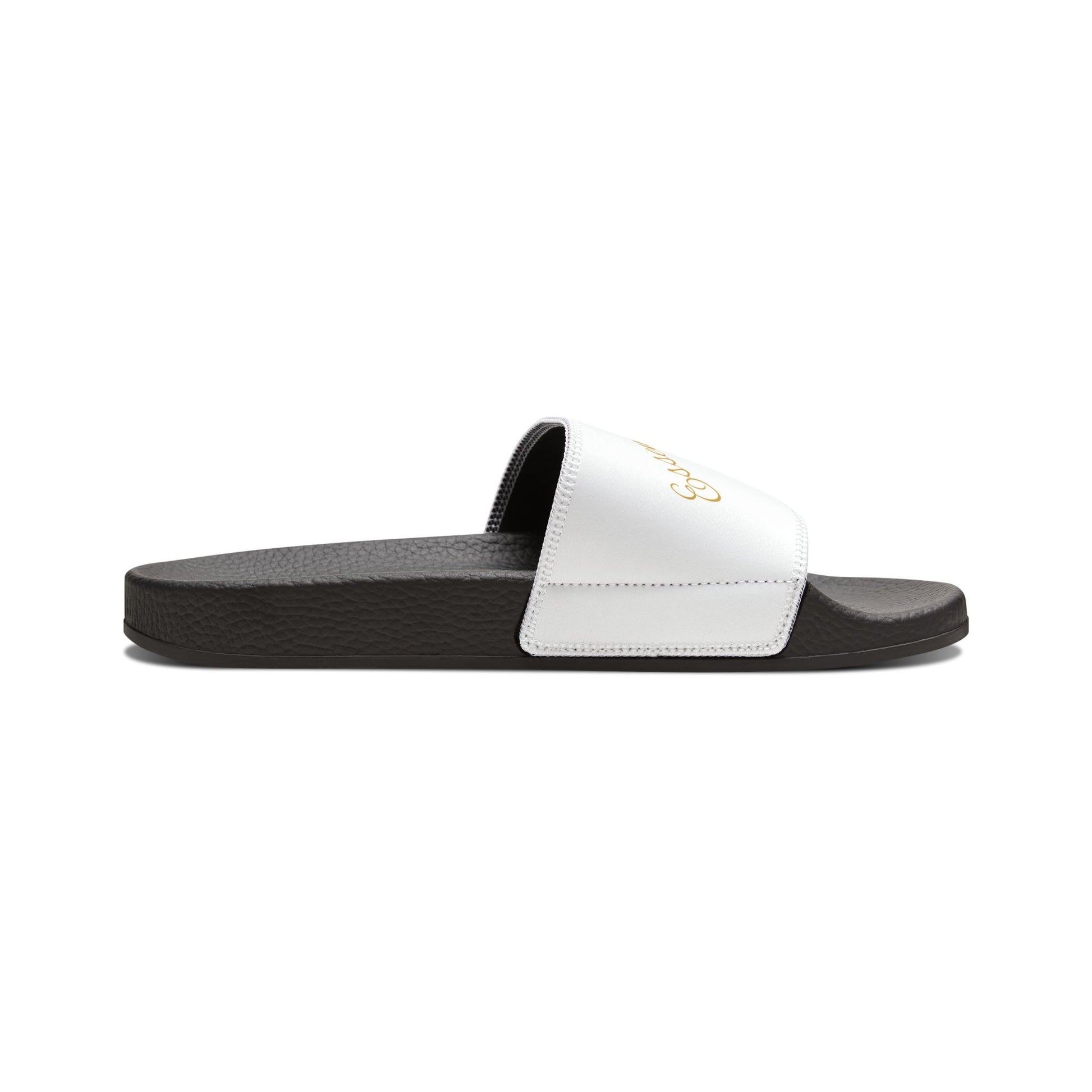 Black EssenceInnoCreate slides sandal with a colorful logo on a white background