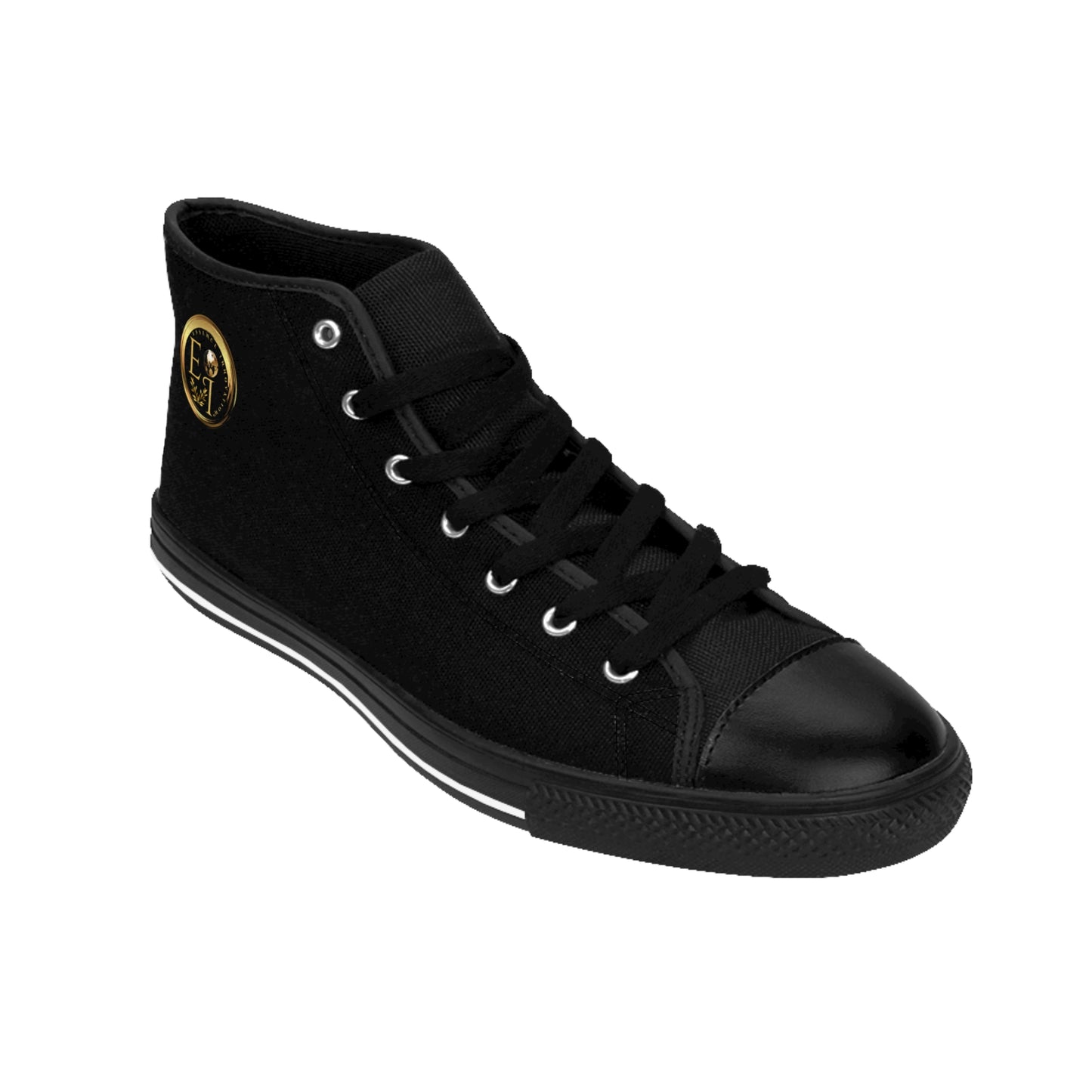 Black high-top 'Essence Innovation' sneaker with a gold logo on a white background
