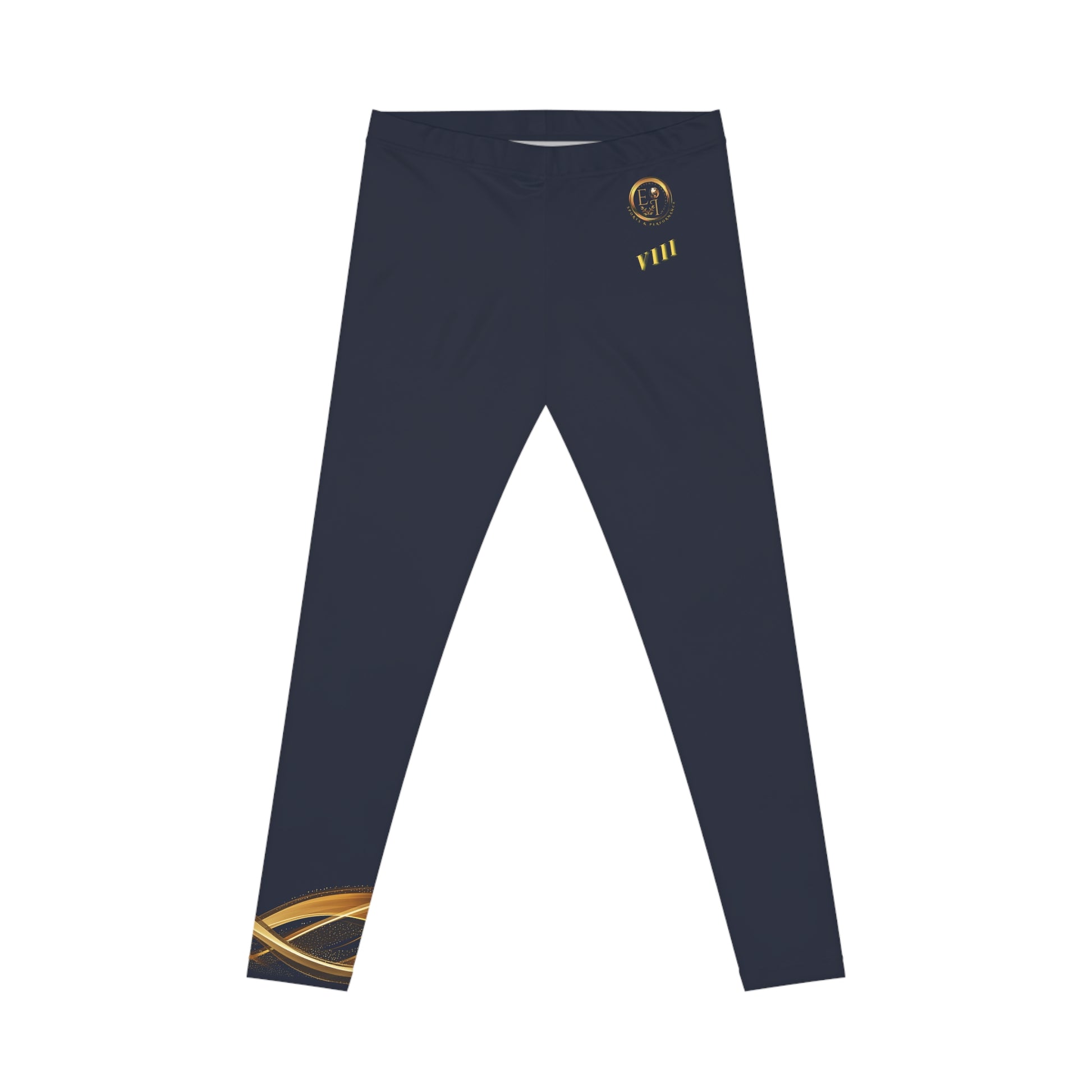 Navy blue leggings with gold accents and logos on a white background