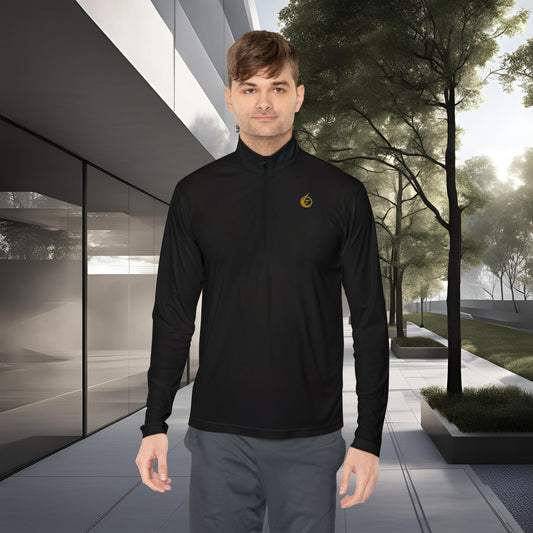 Man wearing a black long-sleeve shirt with 'EssenceInnoCreate' logo in an urban setting