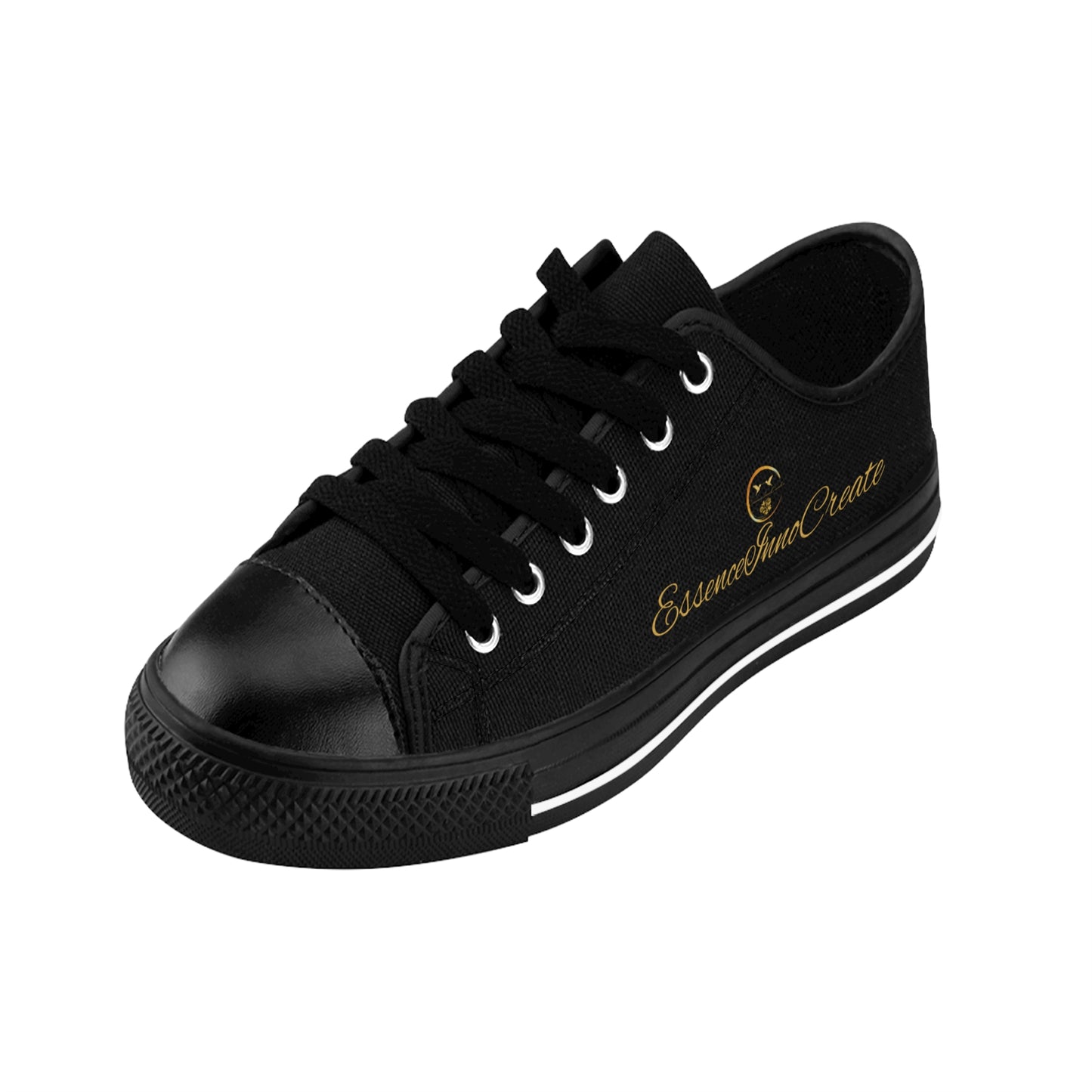 Black 'EssenceInnoCreate' sneaker with design on a white background