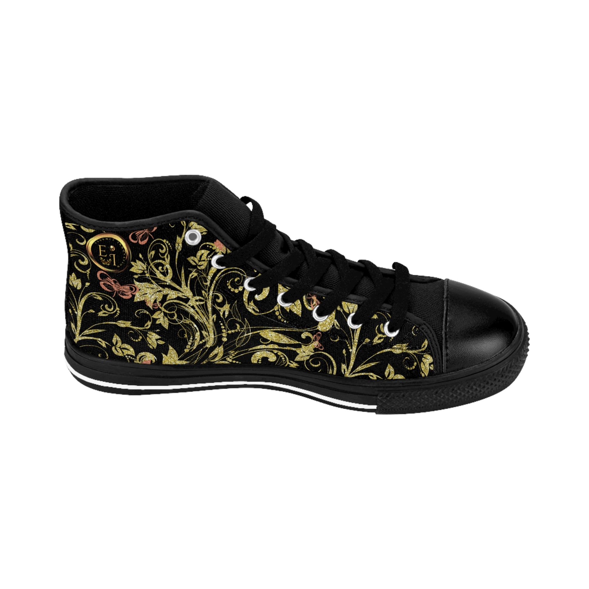 Black Essence Innovation high-top sneaker with floral pattern on a white background