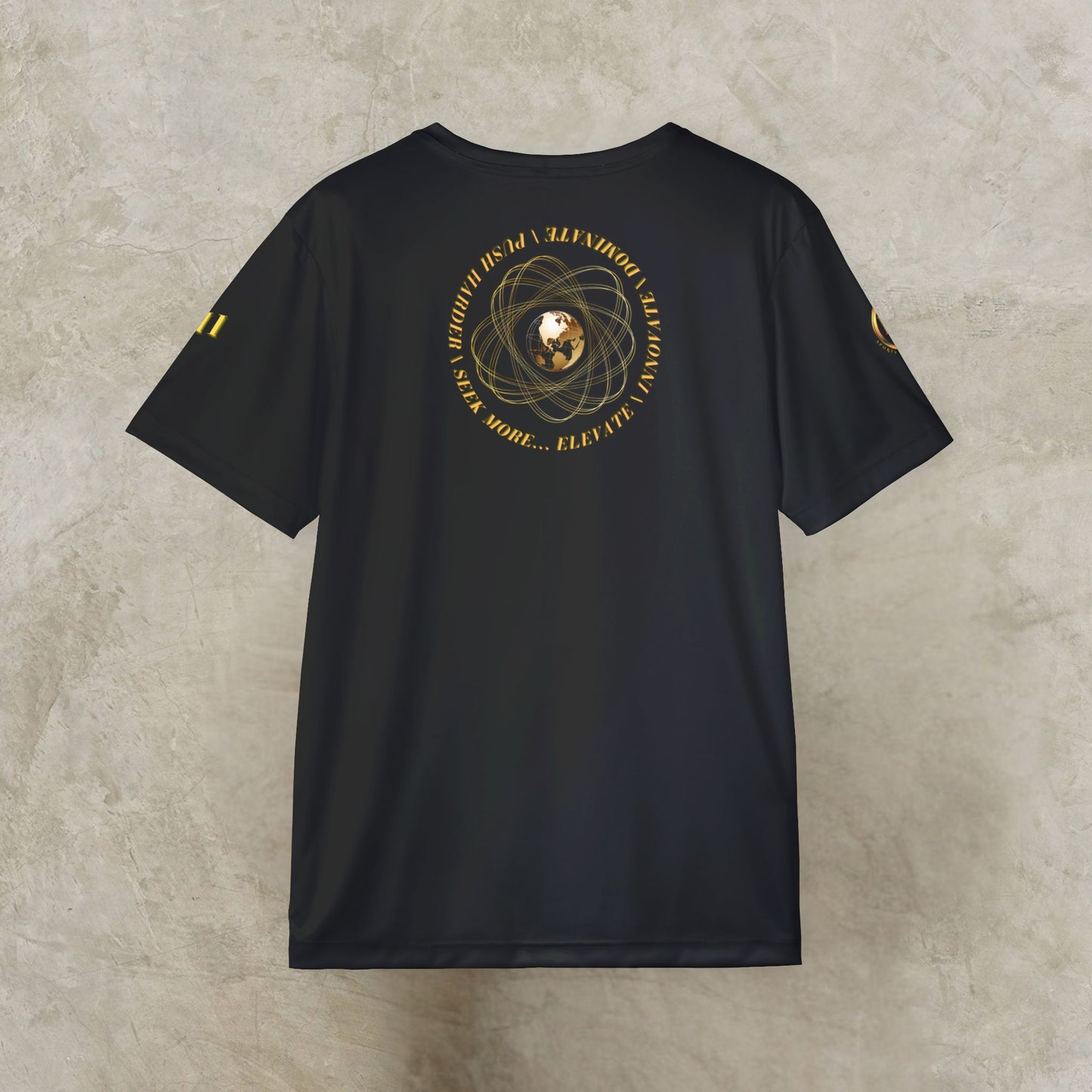 Black t-shirt with gold Essence Innovation Seek More design on a textured beige background