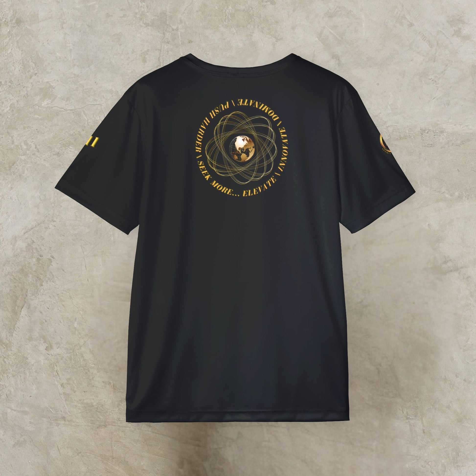 Black t-shirt with gold Essence Innovation Seek More design on a textured beige background