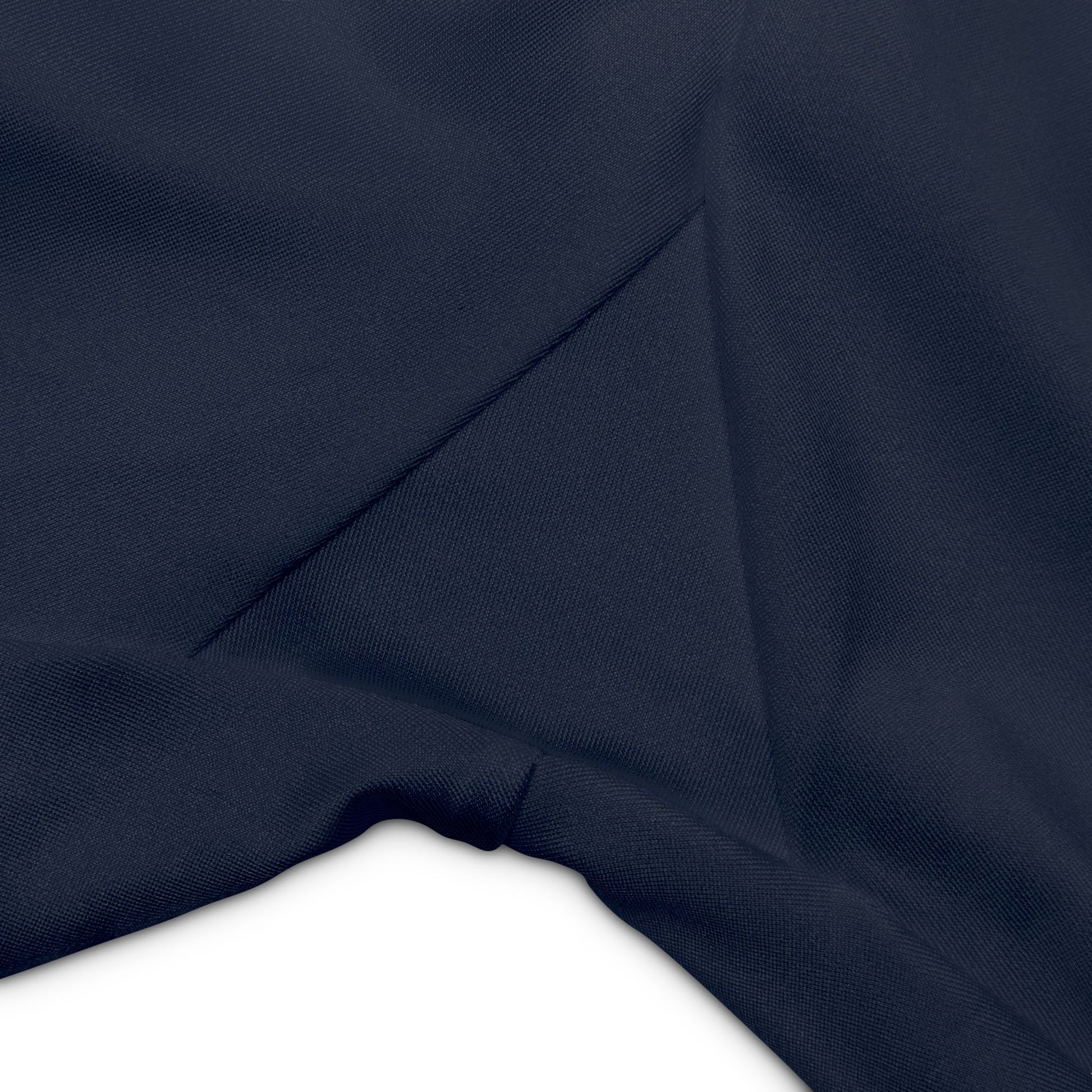 Close-up of navy blue shorts with a slight texture on a white background