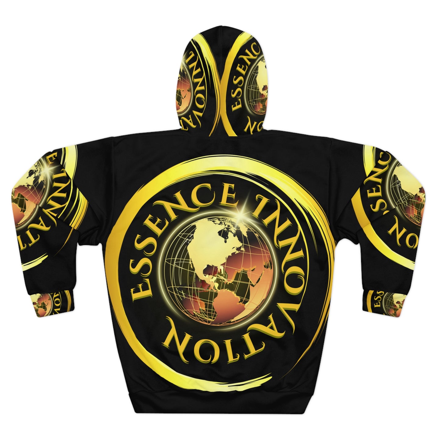 Black hoodie with 'Essence Innovation' logo and design on a white background