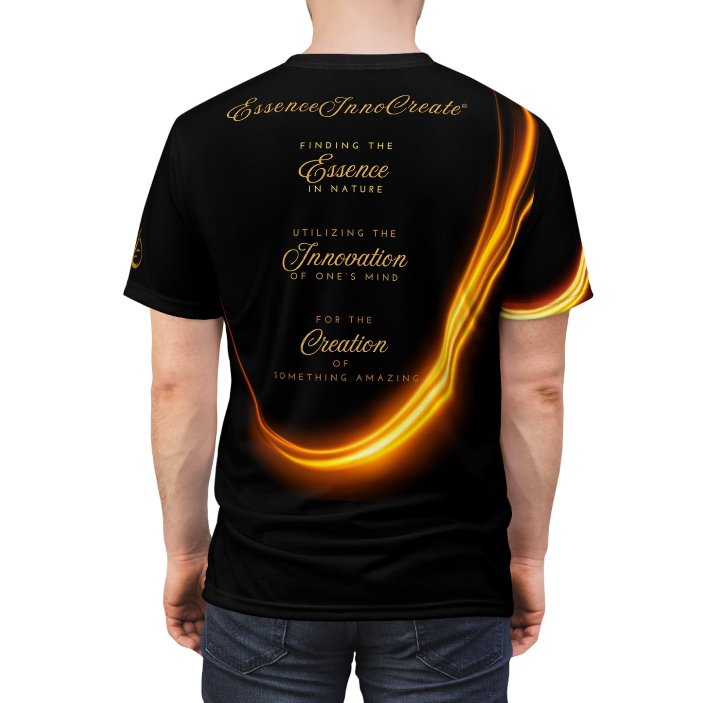 Black 'EssenceInnoCreate' t-shirt with gold and white text and design on a white background