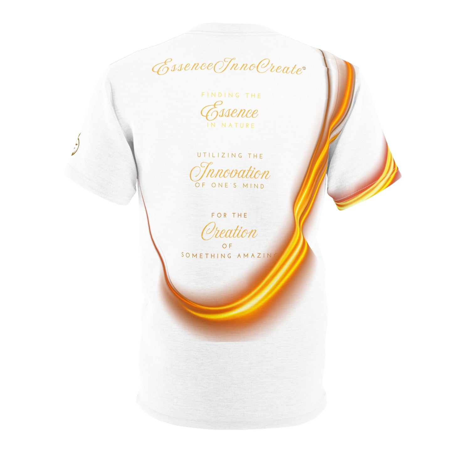 White t-shirt with gold text on a white background