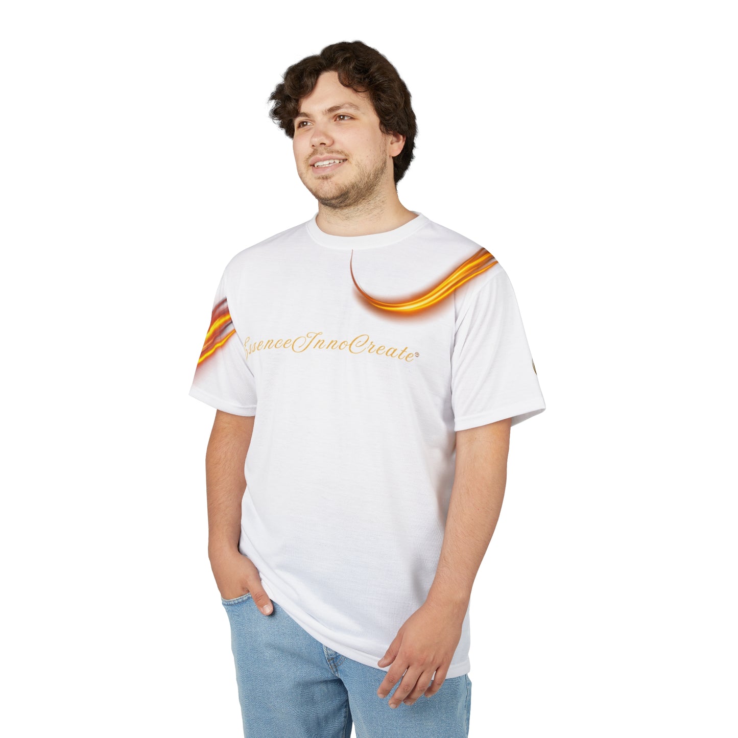 Person wearing a white t-shirt with text and a gold sash on a white background