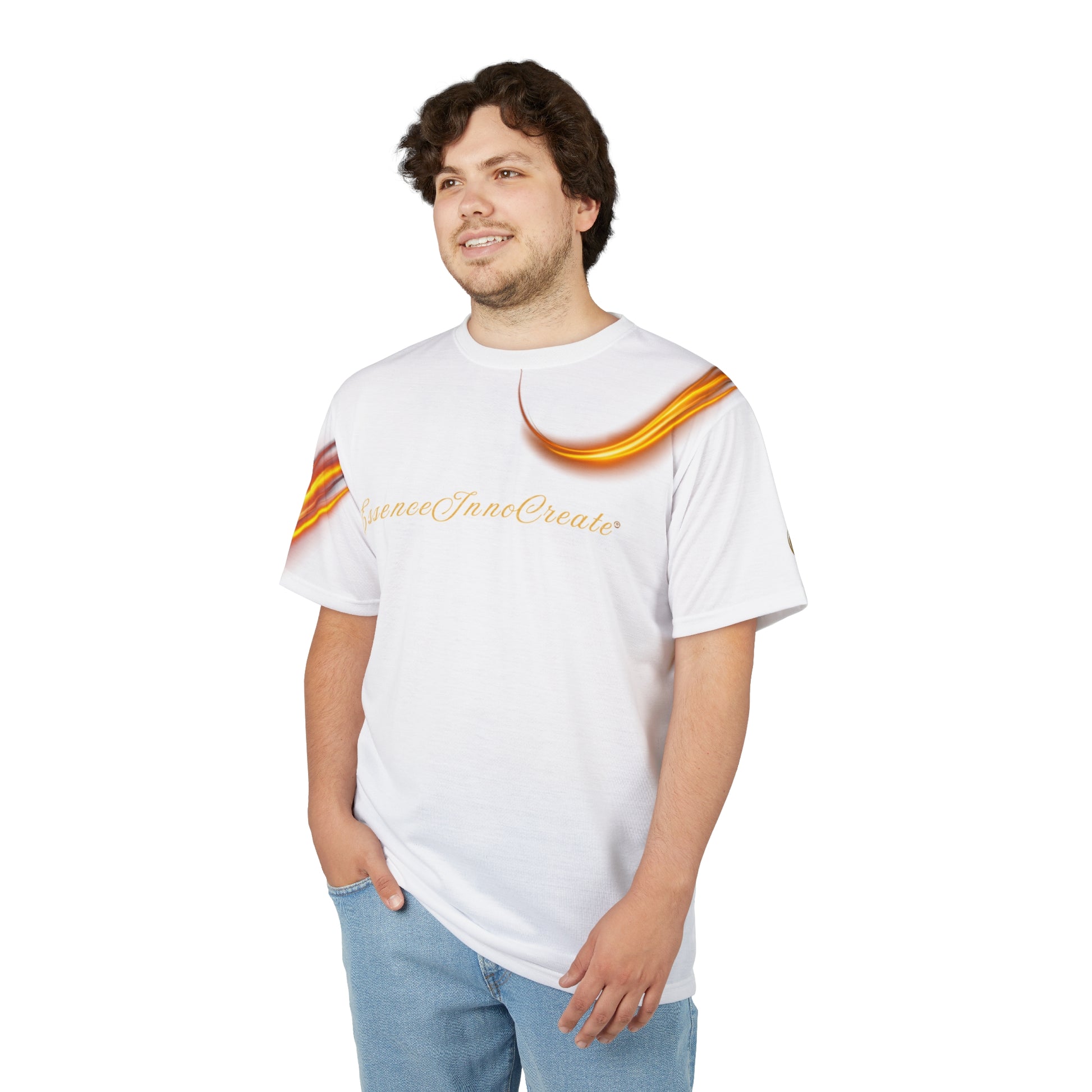 Person wearing a white t-shirt with text and a gold sash on a white background